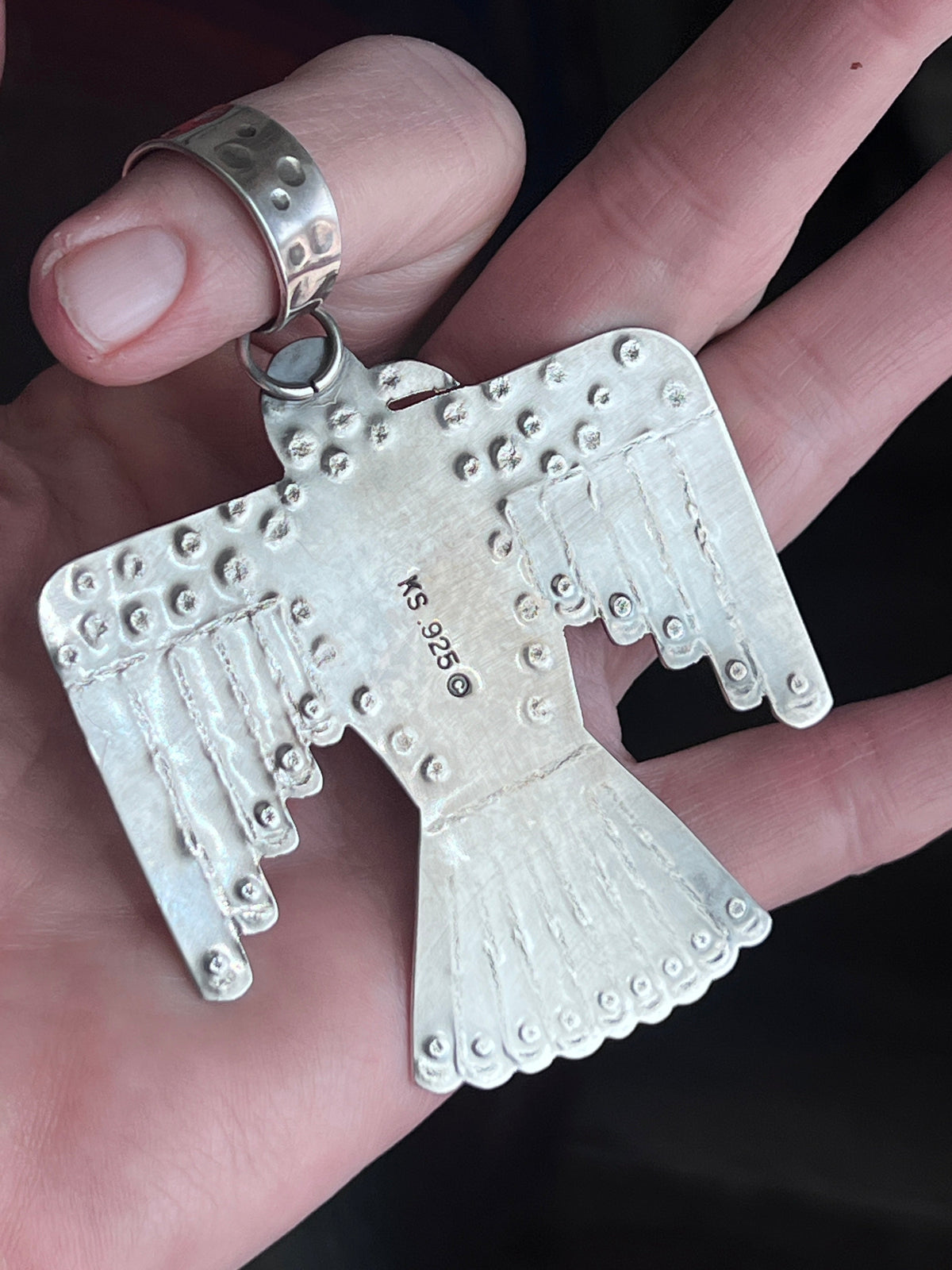 Kimari Somers Hand Stamped Sterling Silver & Kingman Turquoise Thunderbird Pendant 6