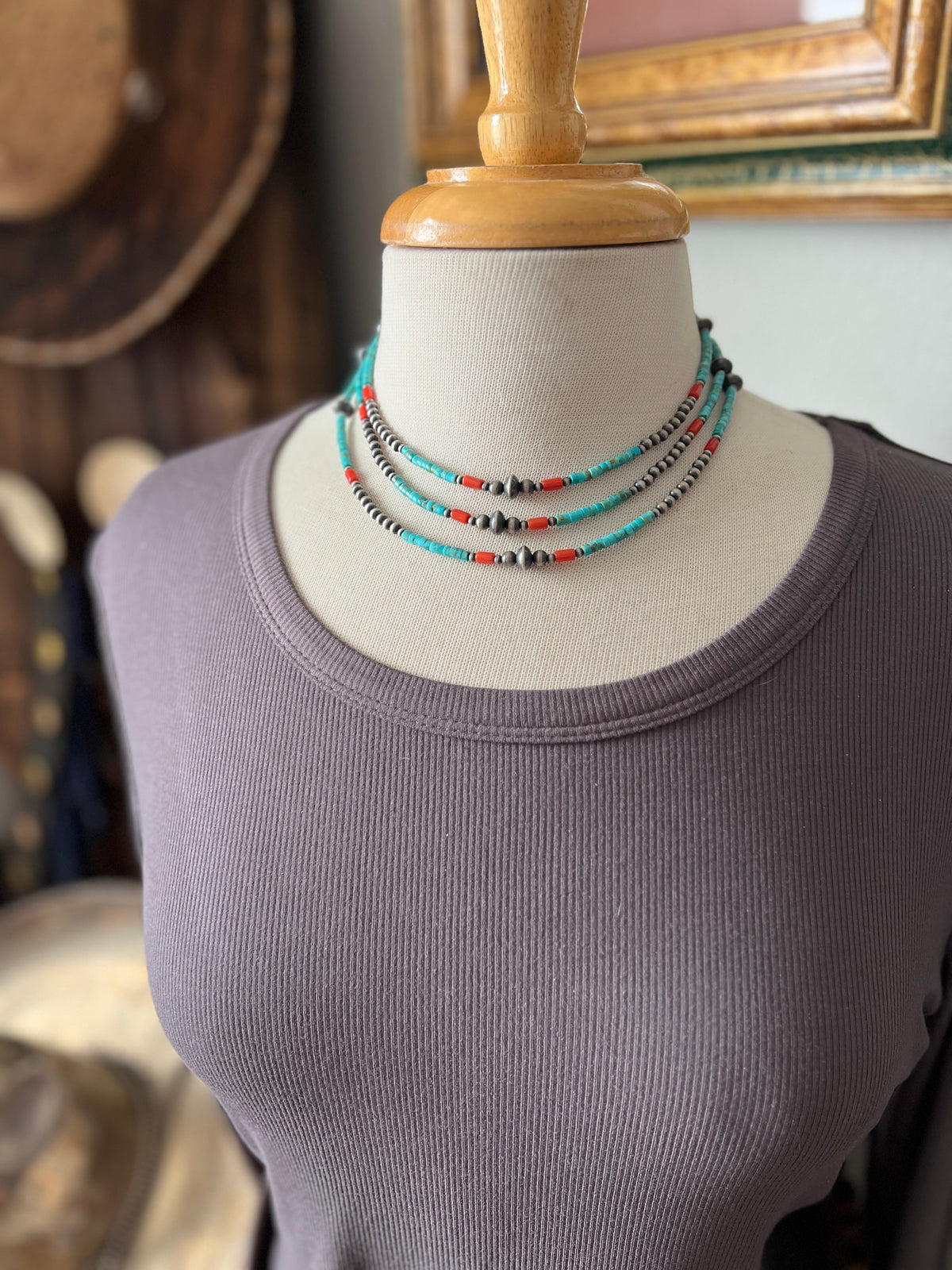 Bohemian Bliss Beaded Choker with Sterling Silver, Mediterranean Coral and Turquoise, 16” + 2”