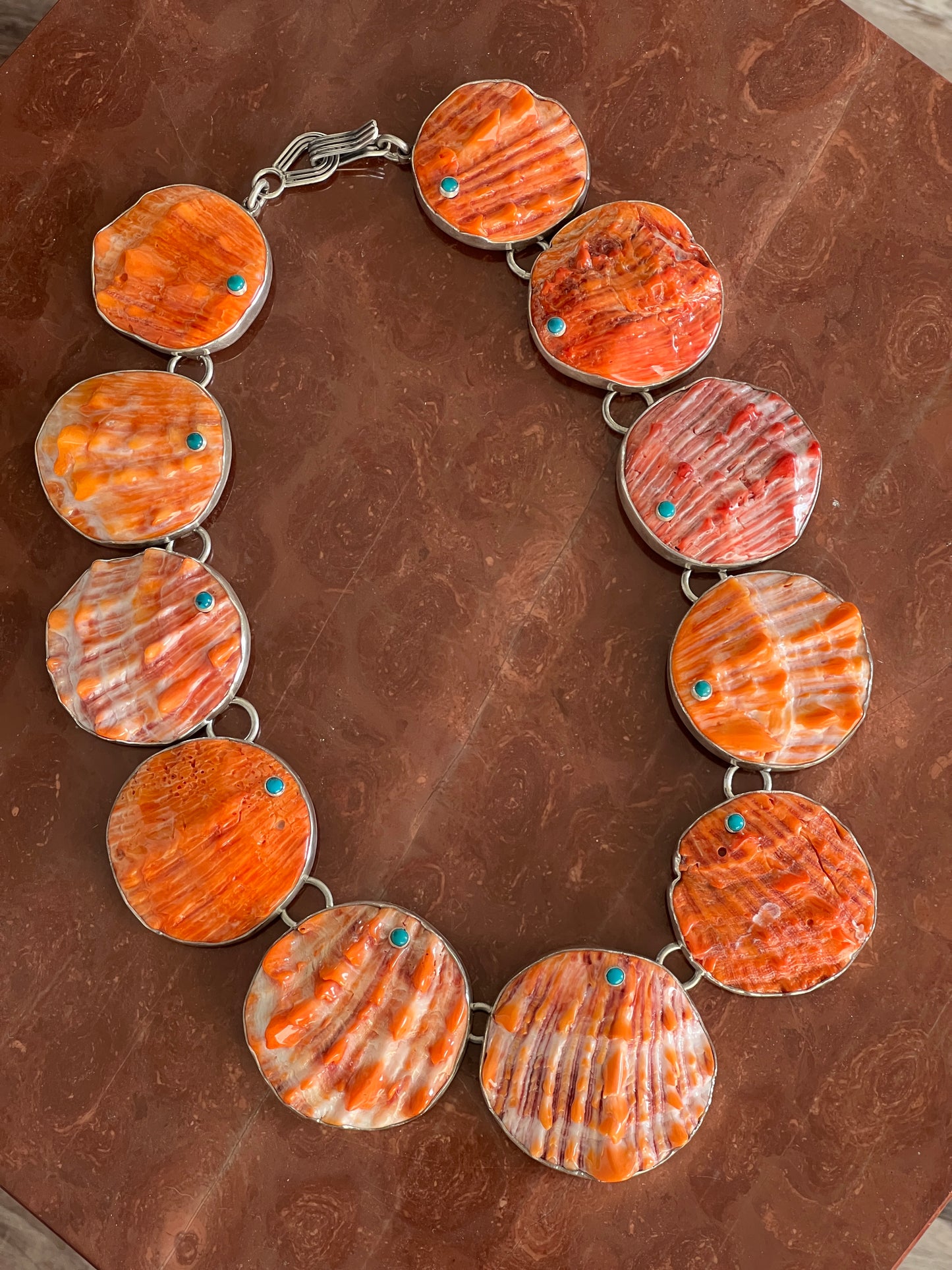 Stunning Sterling Silver, Spiny Oyster Shell and Turquoise Statement Necklace by Federico Jimenez