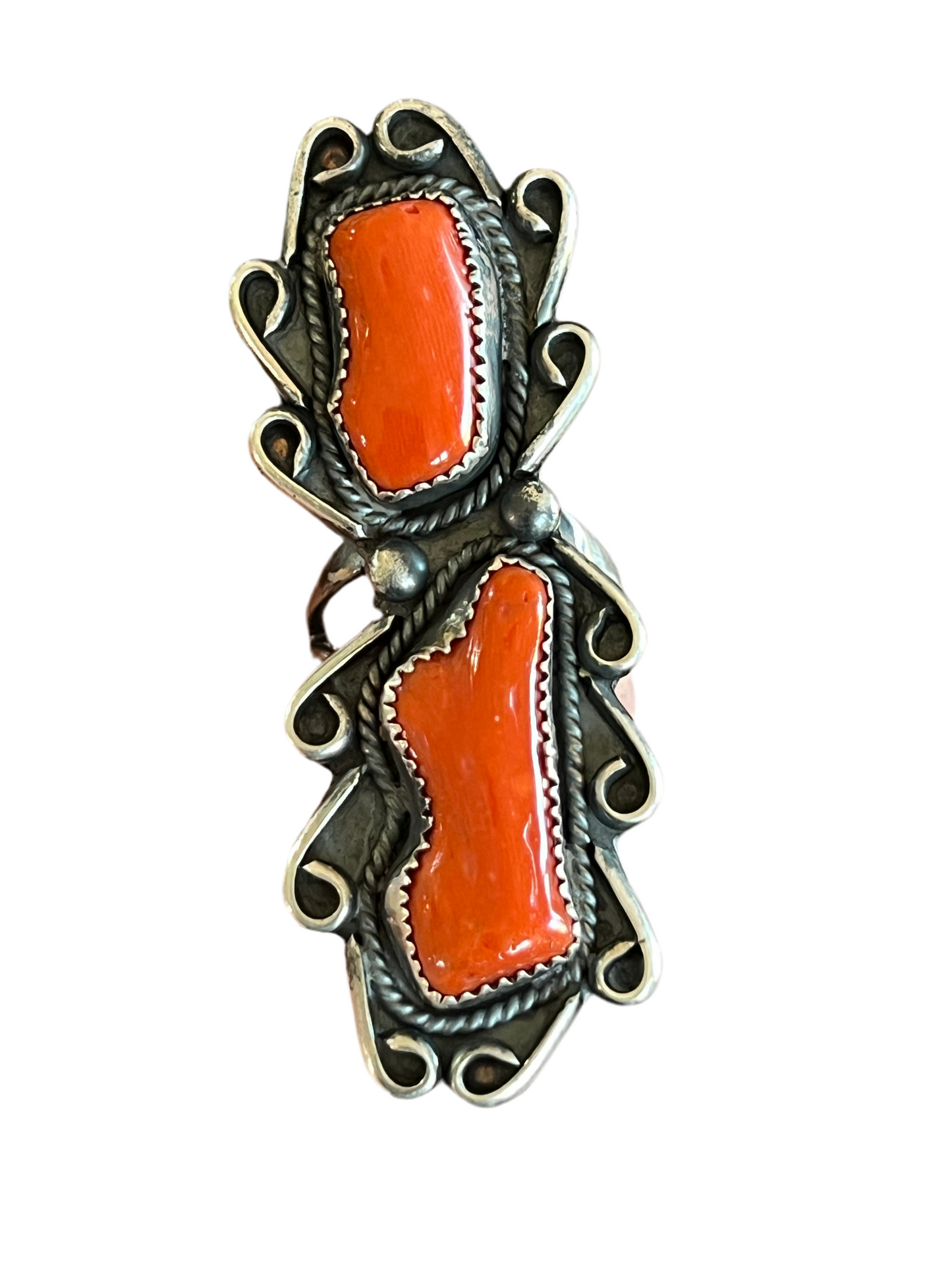 Navajo Stunning Vintage Sterling Silver and Mediterranean Coral Ring, Size 9.5