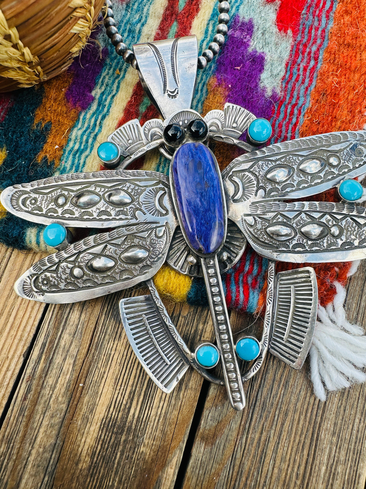 Handcrafted Sterling Silver, Charoite, Turquoise & Onyx Dragonfly Pendant