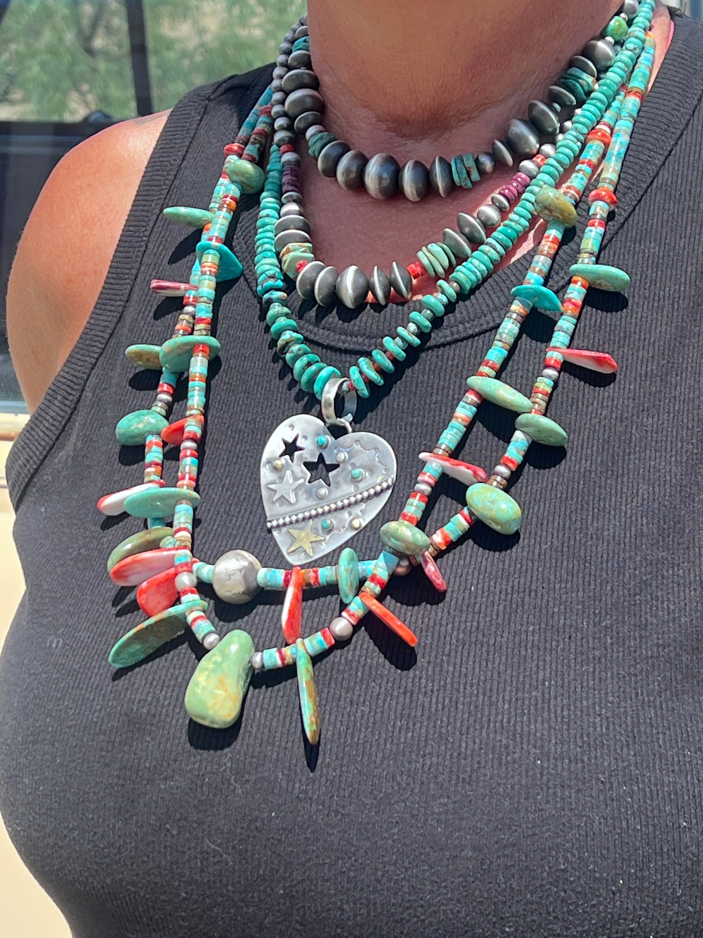 Hand Stamped Sterling Silver & Turquoise Heart Pendants w/ Brass Accents by Kimari Somers