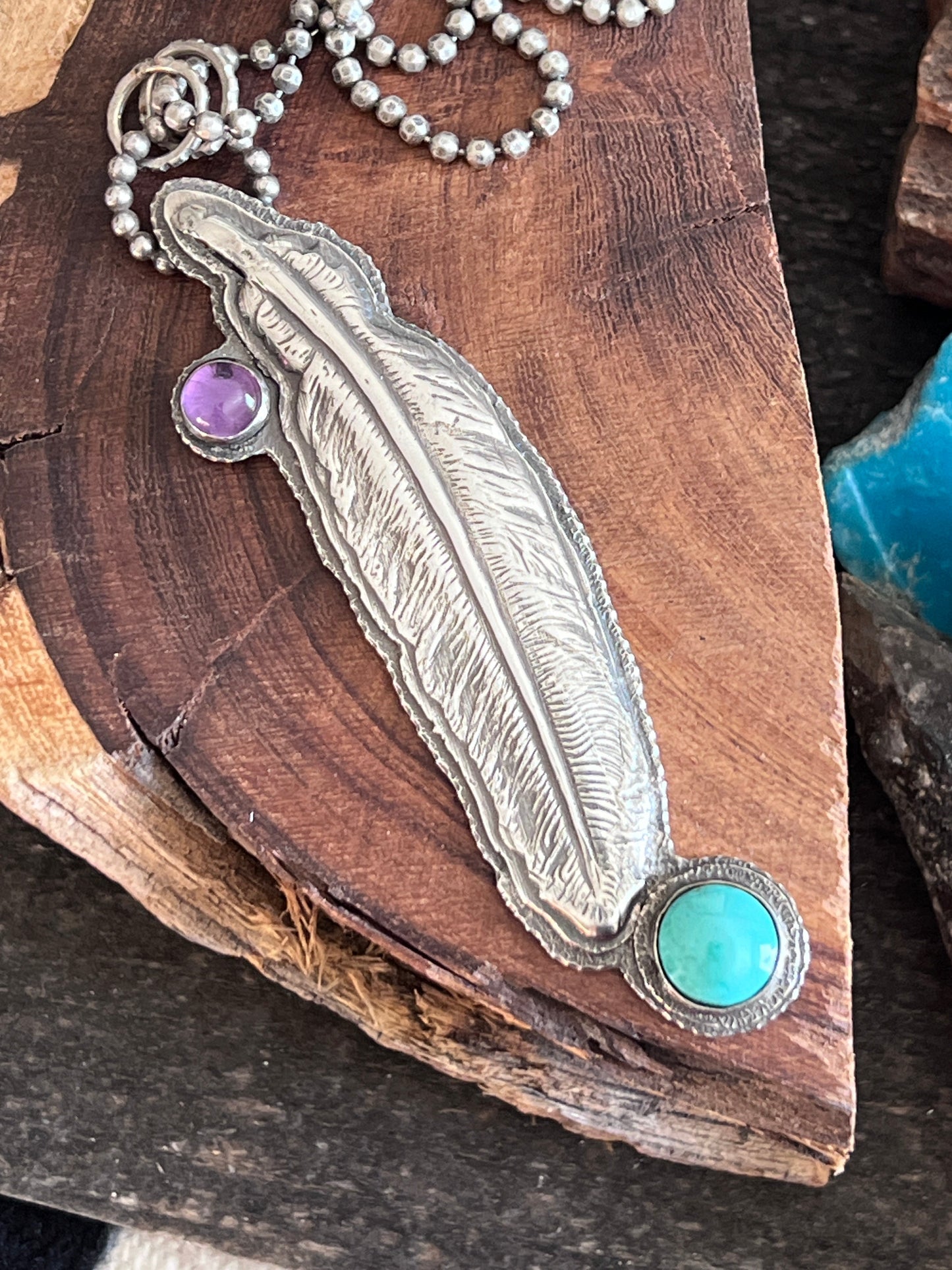 Tularosa Sterling Silver, Turquoise & Amethyst Feather Necklace