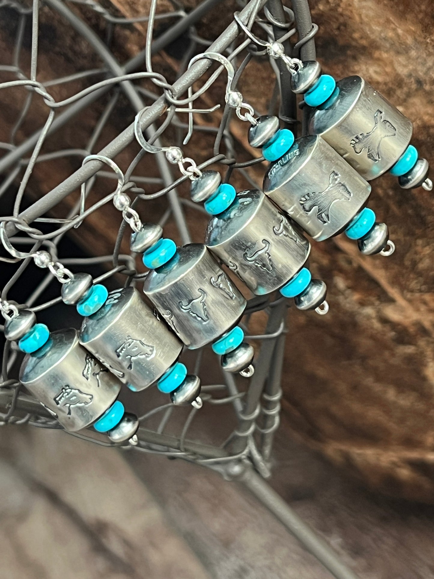 Navajo Sterling Silver and Turquoise Handmade Barrel Bead Earrings by Preston Haley
