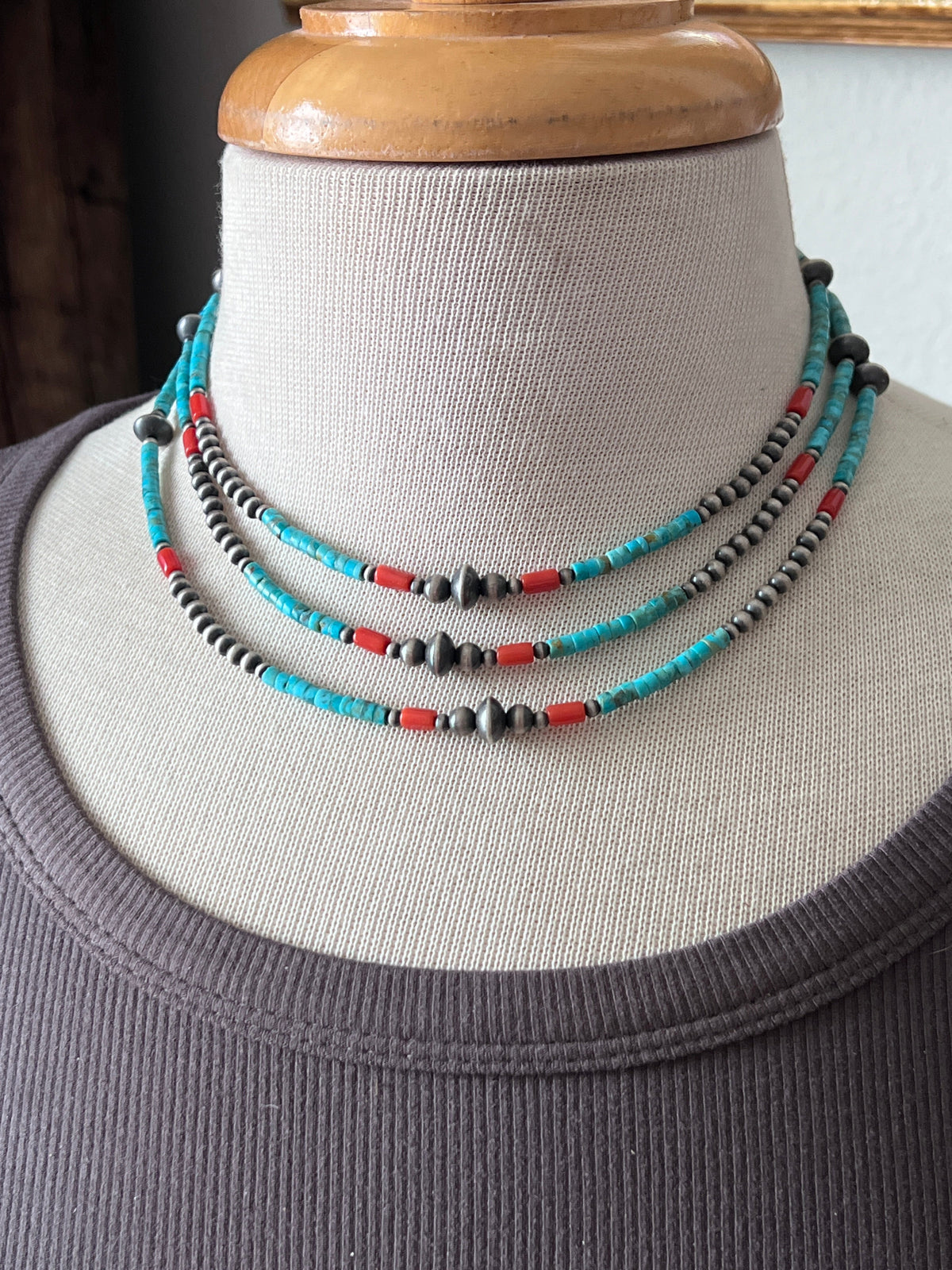 Bohemian Bliss Beaded Choker with Sterling Silver, Mediterranean Coral and Turquoise, 16” + 2”