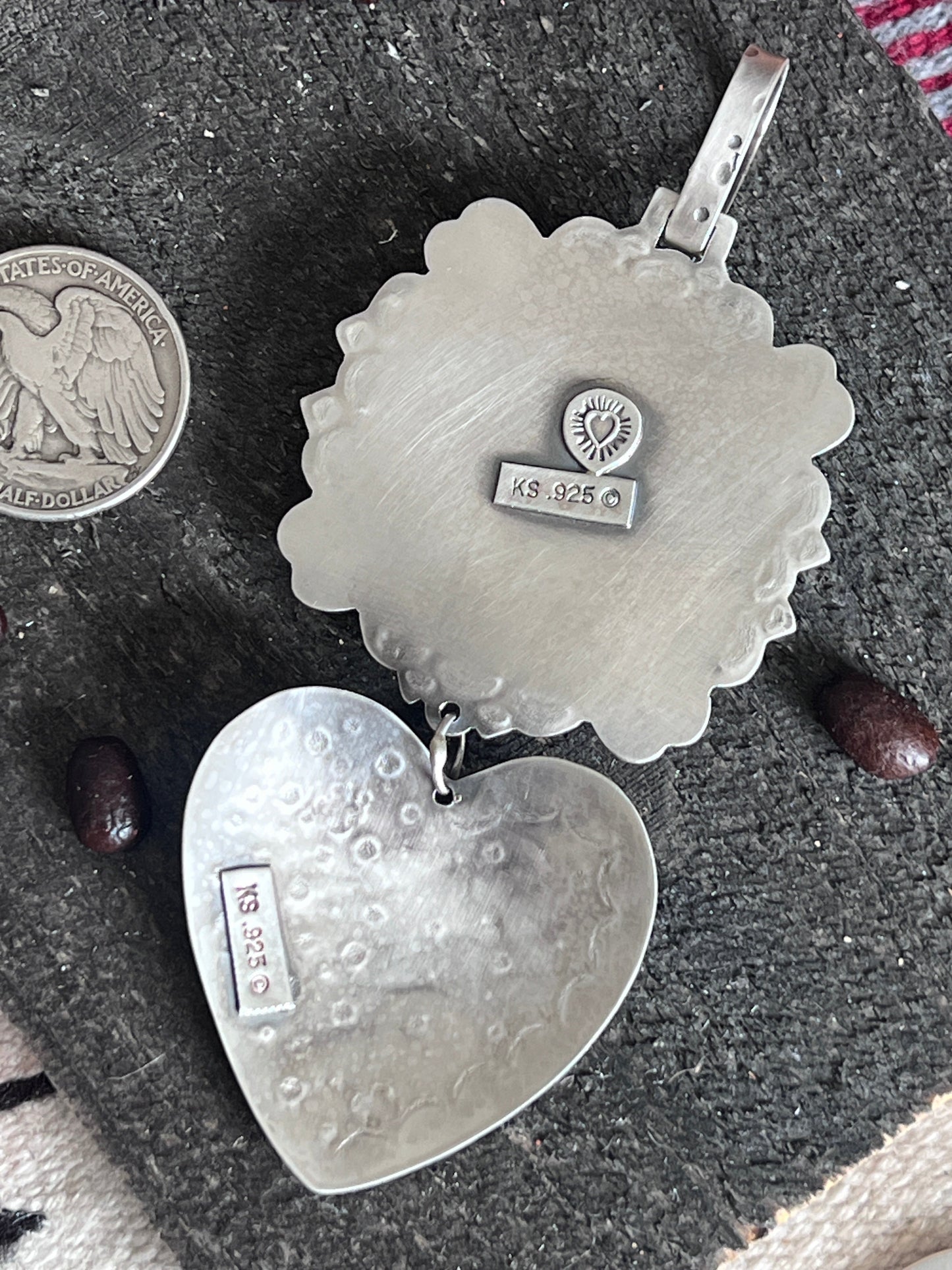 Hand Stamped Sterling Silver & Black Marble Santa Fe Cross and Heart Pendant by Kimari Somers