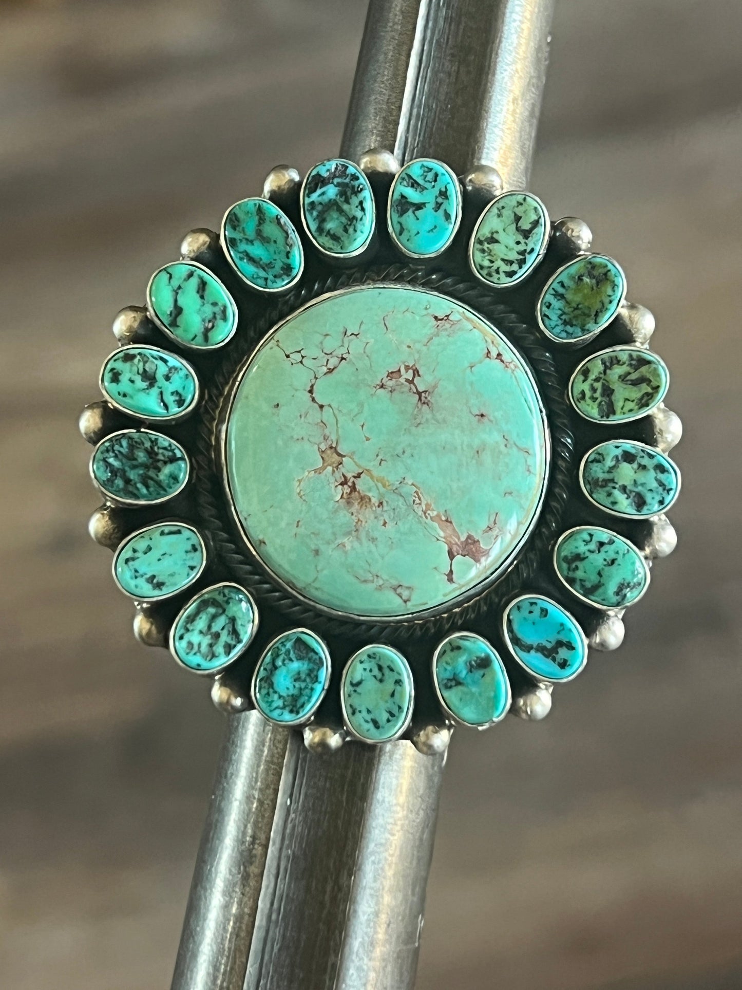 Navajo Sterling Silver Around The World Kingman Cluster Ring by Blaine Yellowhorse, Size 7.5