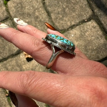 Navajo Sterling Silver Webbed Kingman Turquoise Ring Signed by Allen Lee