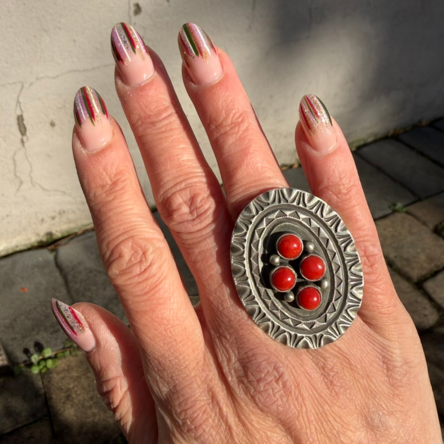 Navajo Sterling Silver Mediterranean Coral Cluster Ring Signed by Calvin Martinez