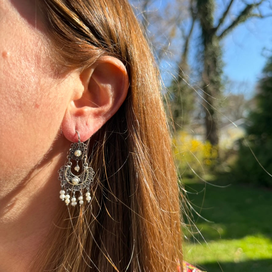 Small Sterling Filigree Earrings with Pearls by Federico Jimenez