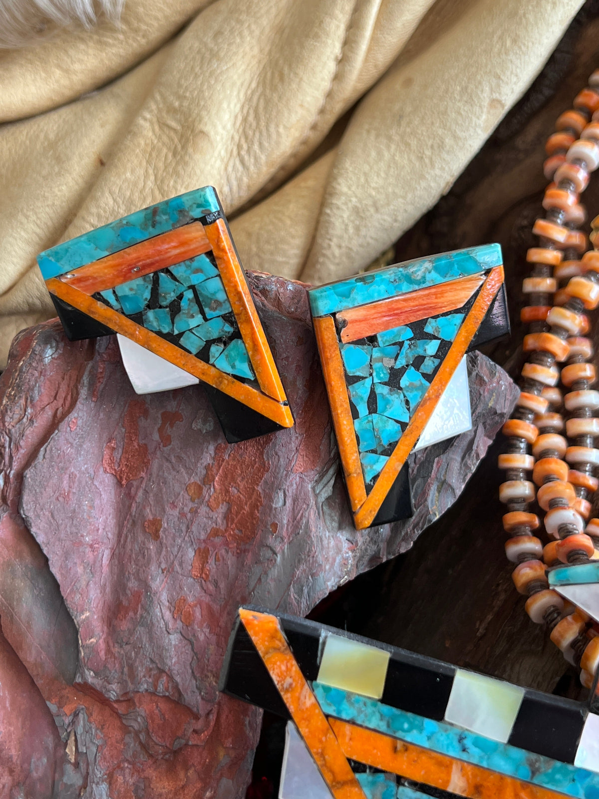 Warren Nieto Inlay Turquoise and Spiny Oyster Thunderbird  Necklace & Earrings Set