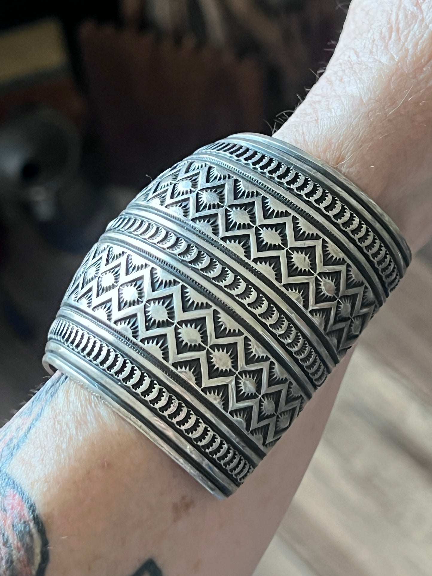 Hefty Sterling Silver Deep Stamped Cuff Bracelet by Andy Cadman