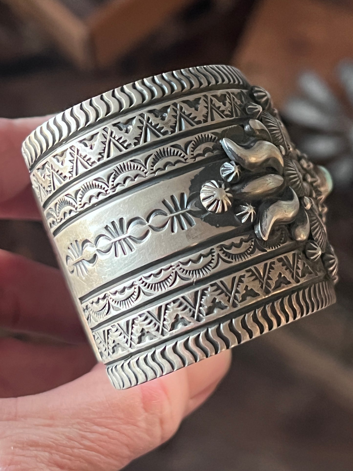 Darryl Becenti Sterling Silver Stamped & Appliqué Cuff Bracelet w/ Dry Creek Turquoise Accent