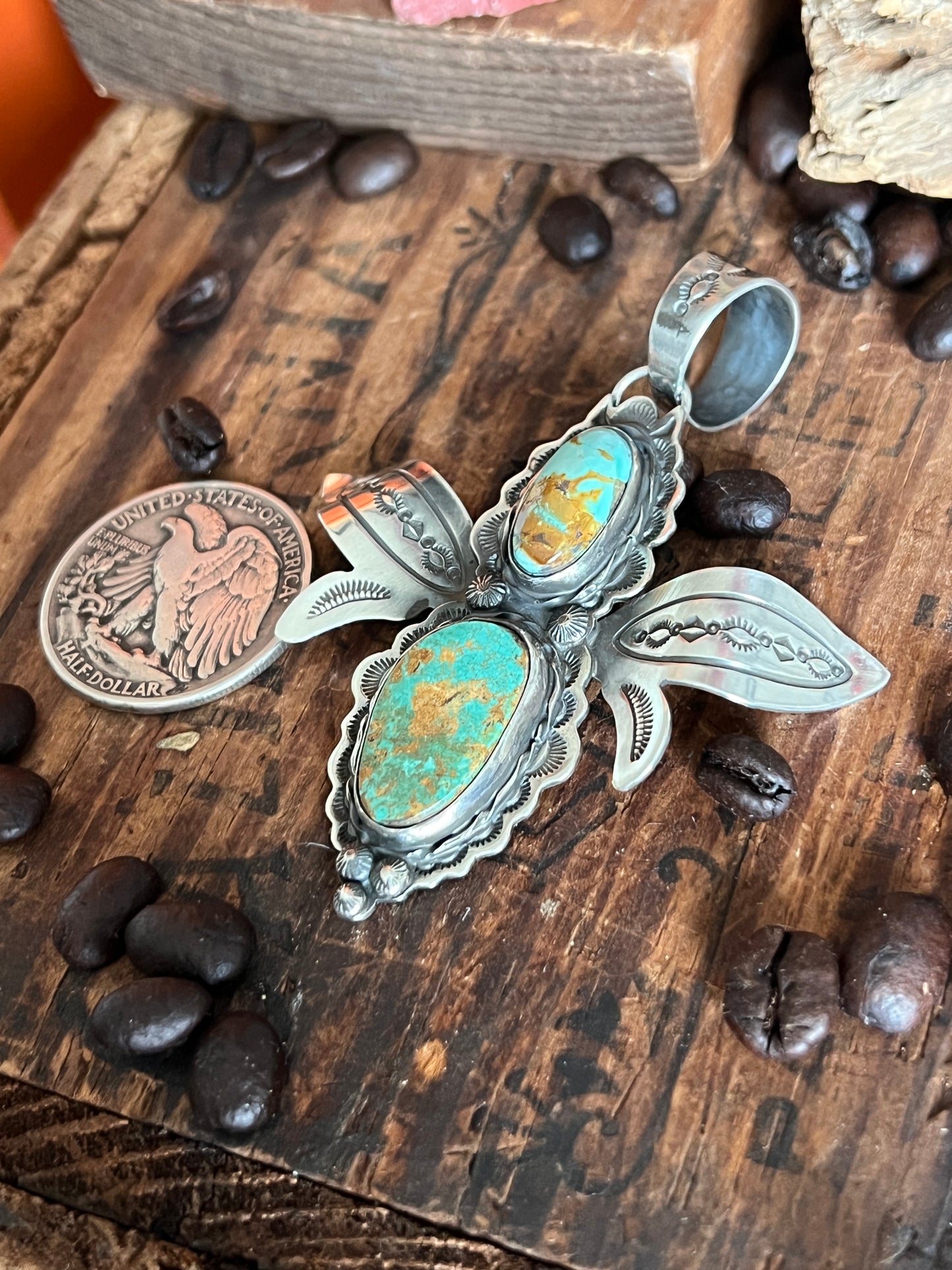 Hand Stamped Sterling Silver and Turquoise Winged Bug Pendant by Kimari Somers