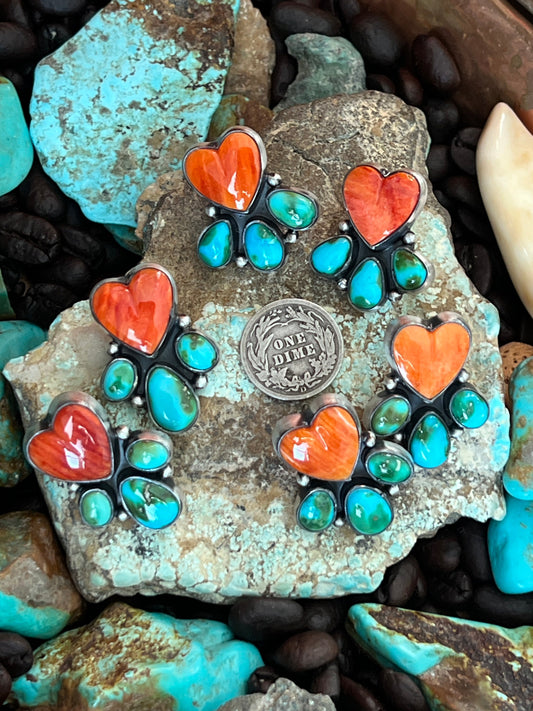 Vibrant Navajo Sterling Silver, Sonoran Turquoise and Spiny Oyster Shell Heart Cluster Post Earrings by Lucy Jake