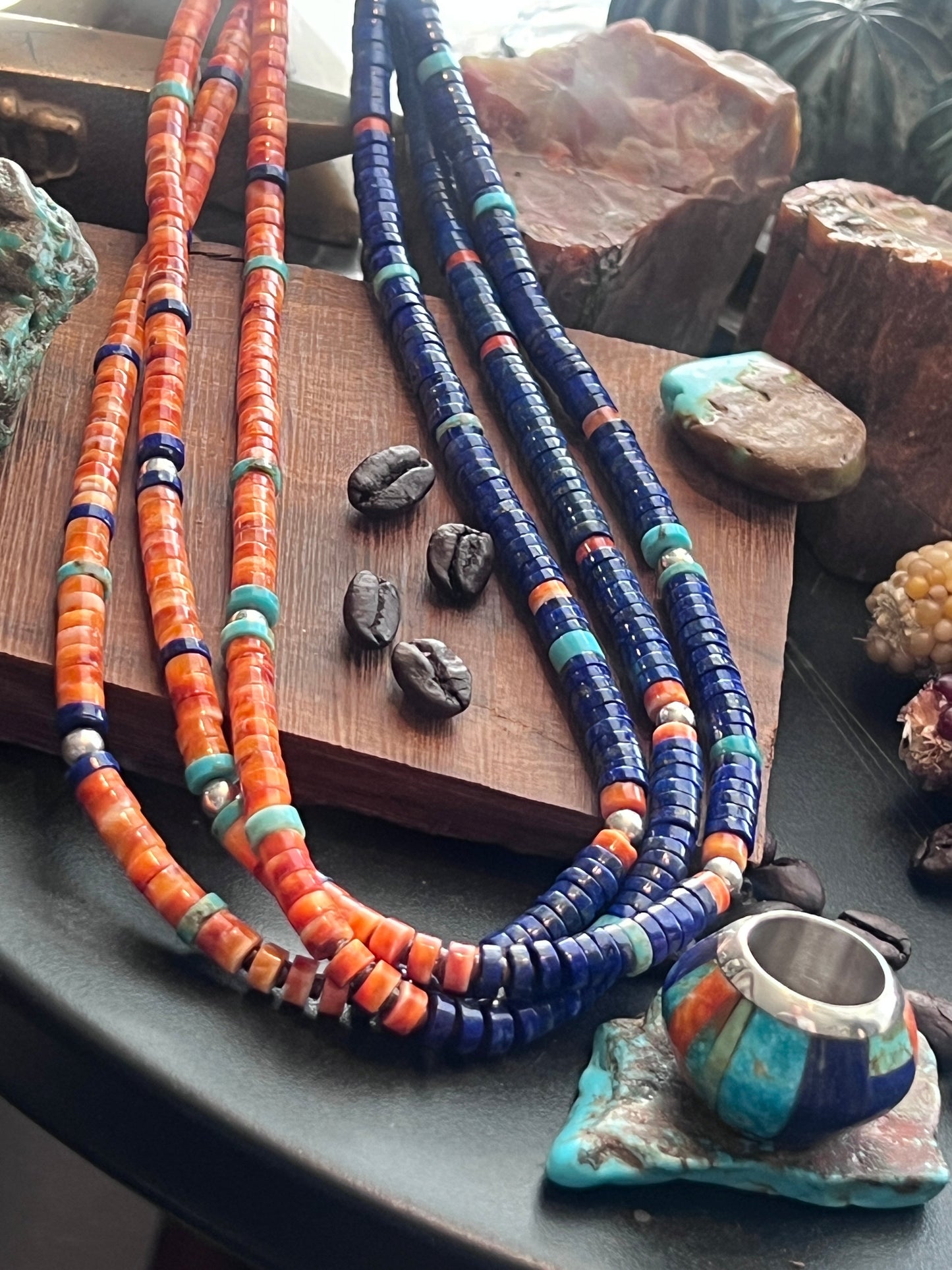 Daniel Coriz Triple Strand Lapis, Spiny Oyster and Turquoise Beaded Necklace w/ Removable Sterling Silver & Stone Inlay Bead