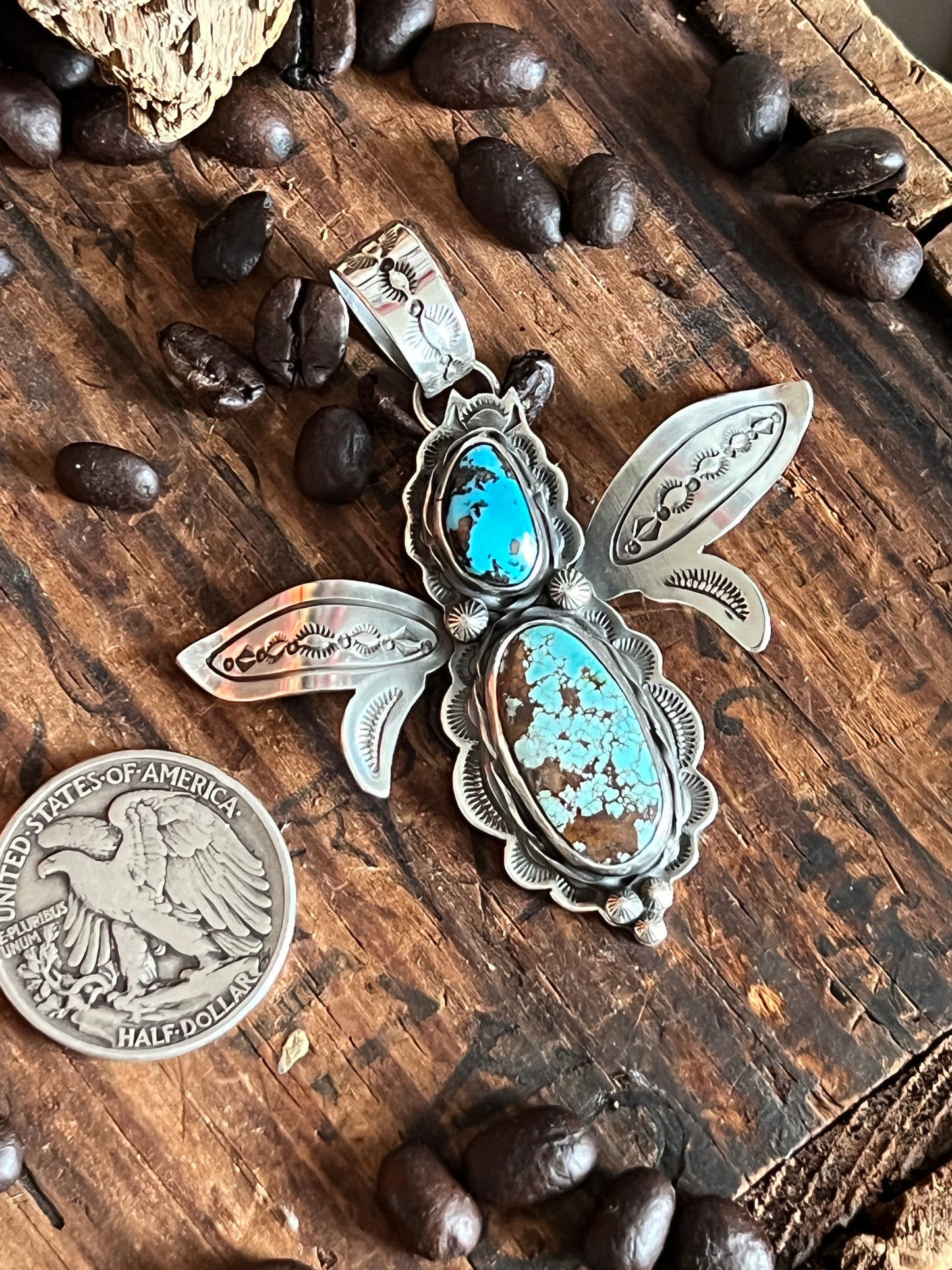 Kimari Somers Hand Stamped Sterling Silver and Turquoise Winged Bug Pendant