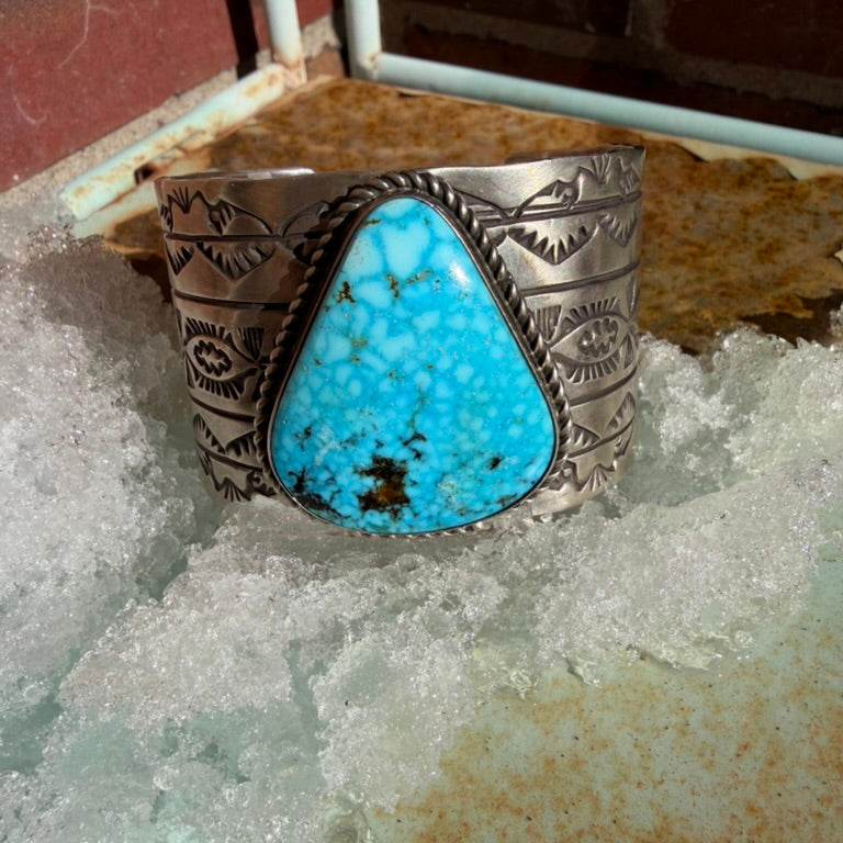 Navajo Made Wide Sterling Silver and Turquoise Teardrop Cuff Bracelet Signed R.E.