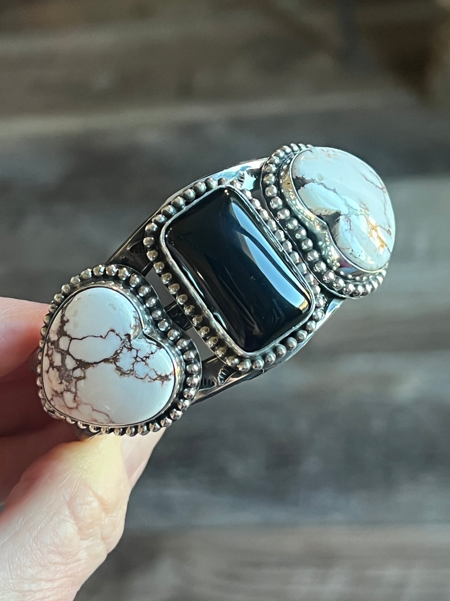 Rosella Paxson Sterling Silver Cuff with Wild Horse Magnesite Hearts and Rectangular Onyx
