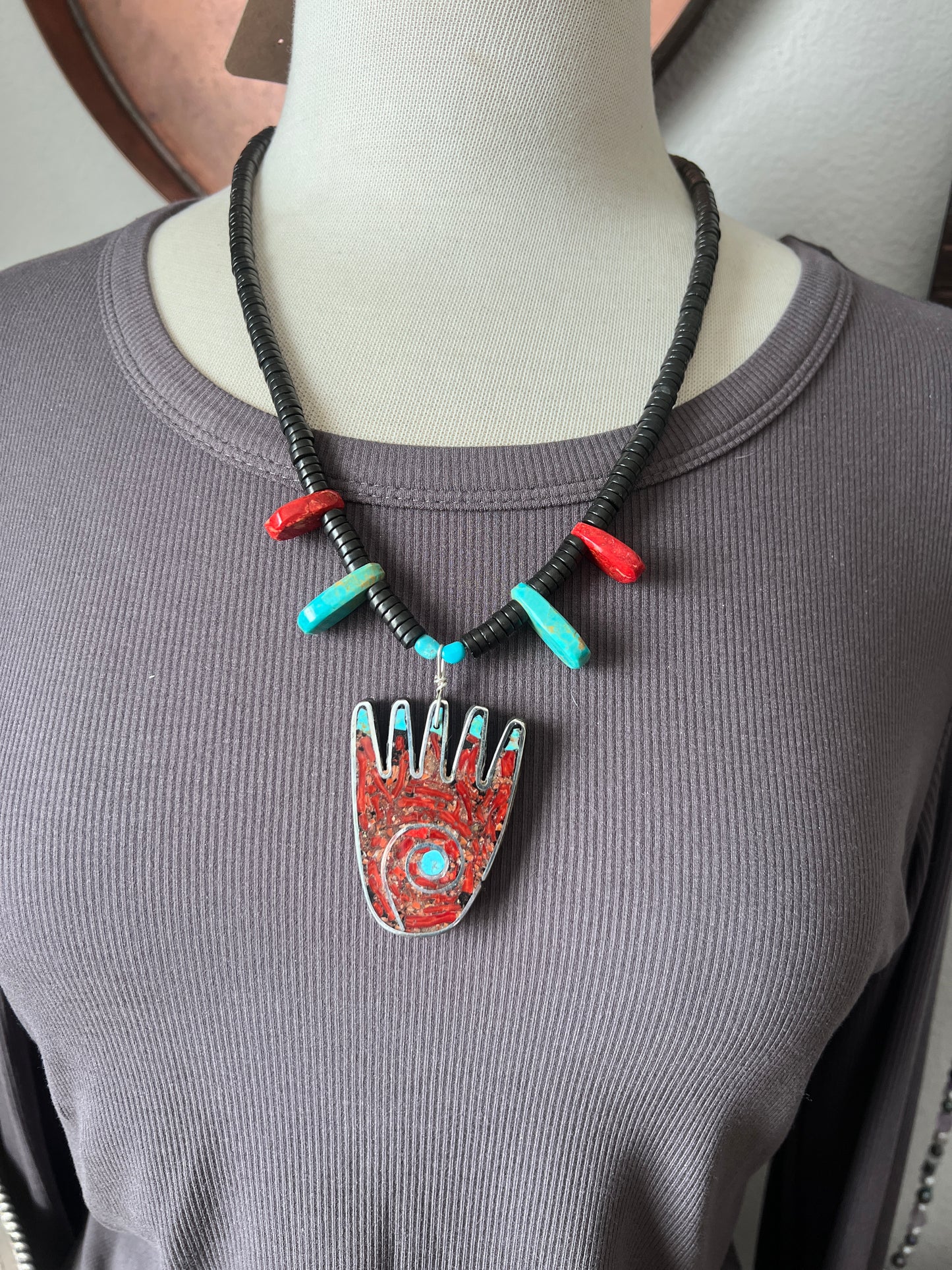 Warren Nieto Sterling Silver and Inlaid Stone Healing Hand Desert Dreamer Necklace