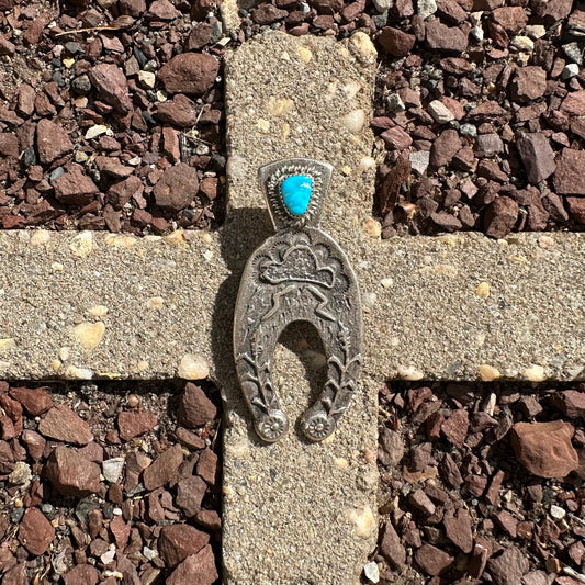 Navajo Made Tufa Cast Sterling Silver and Turquoise Naja Pendant by Delbert Arviso