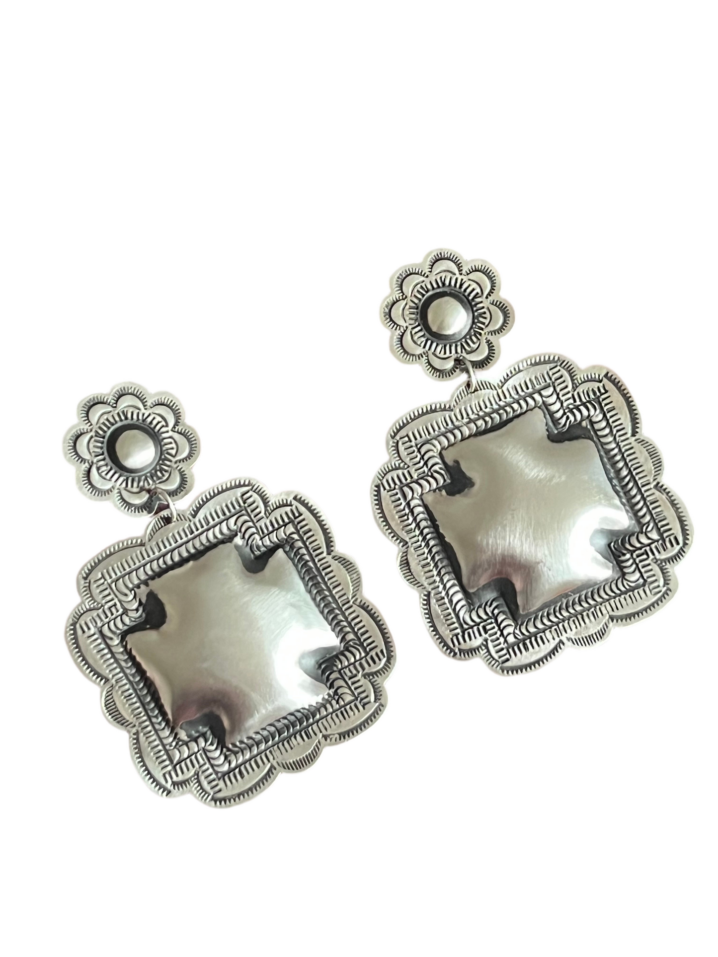 Handmade Navajo Sterling Silver Stamped Repousse Santa Fe Cross Earrings by Leander Tahe, C3