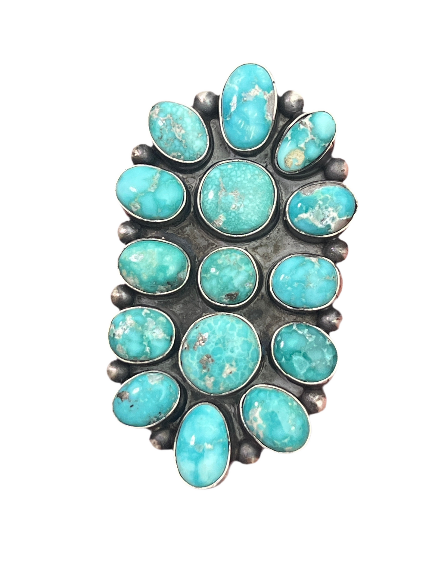 Navajo Paul Livingston Sterling Silver and Campitos Turquoise Cluster Ring, Size  7
