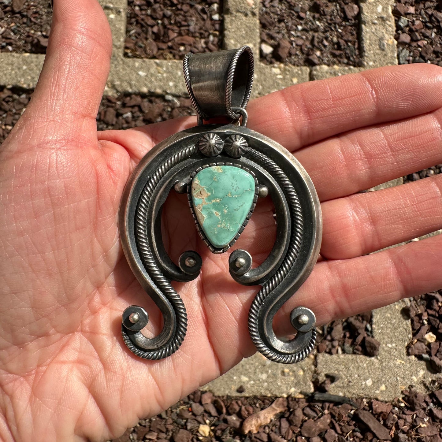 Navajo Made Sterling Silver and Turquoise Naja Pendant by Danny Clark