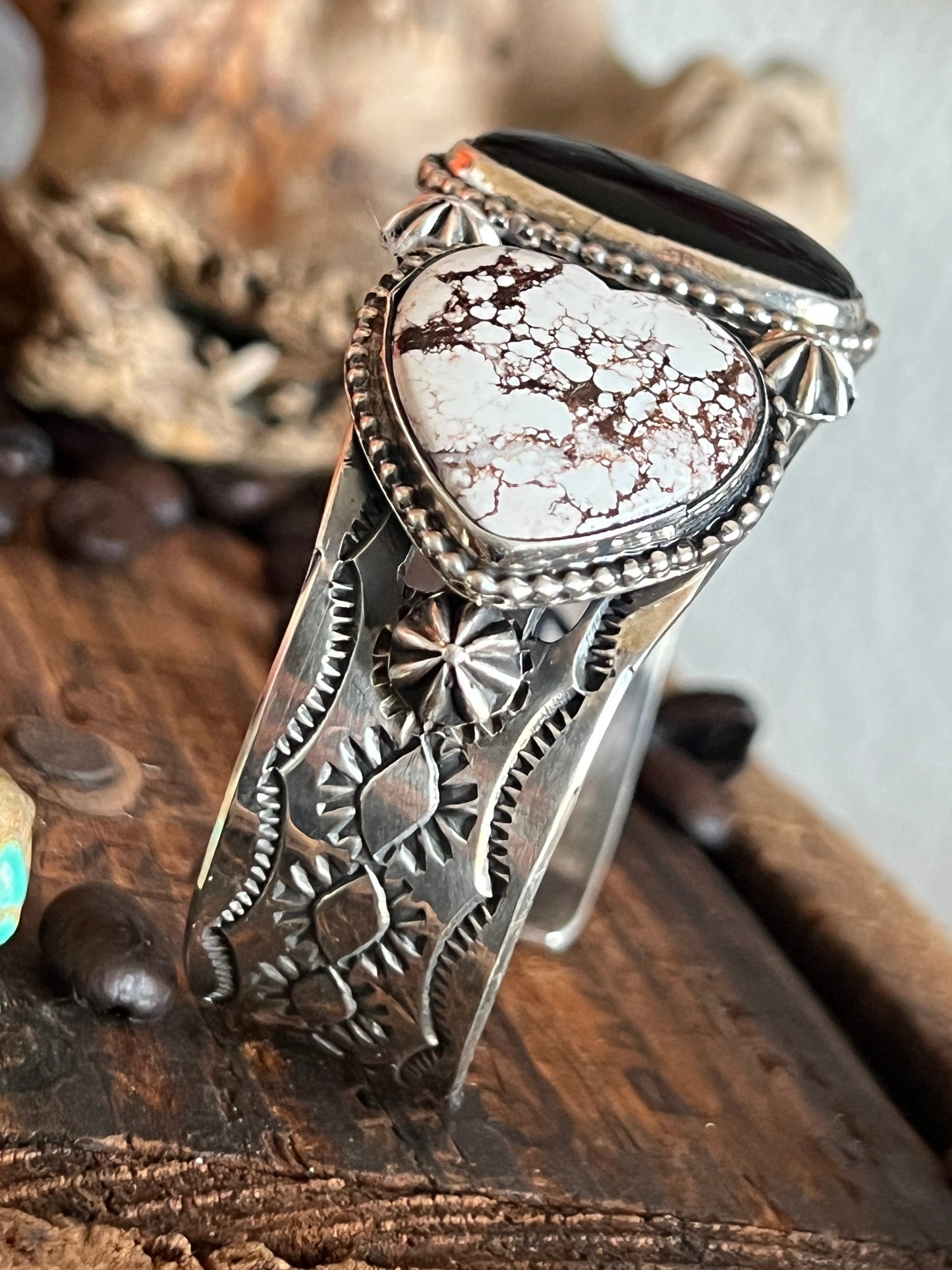 Rosella Paxson Sterling Silver Cuff Bracelet with Wild Horse Magnesite Hearts and Oval Onyx