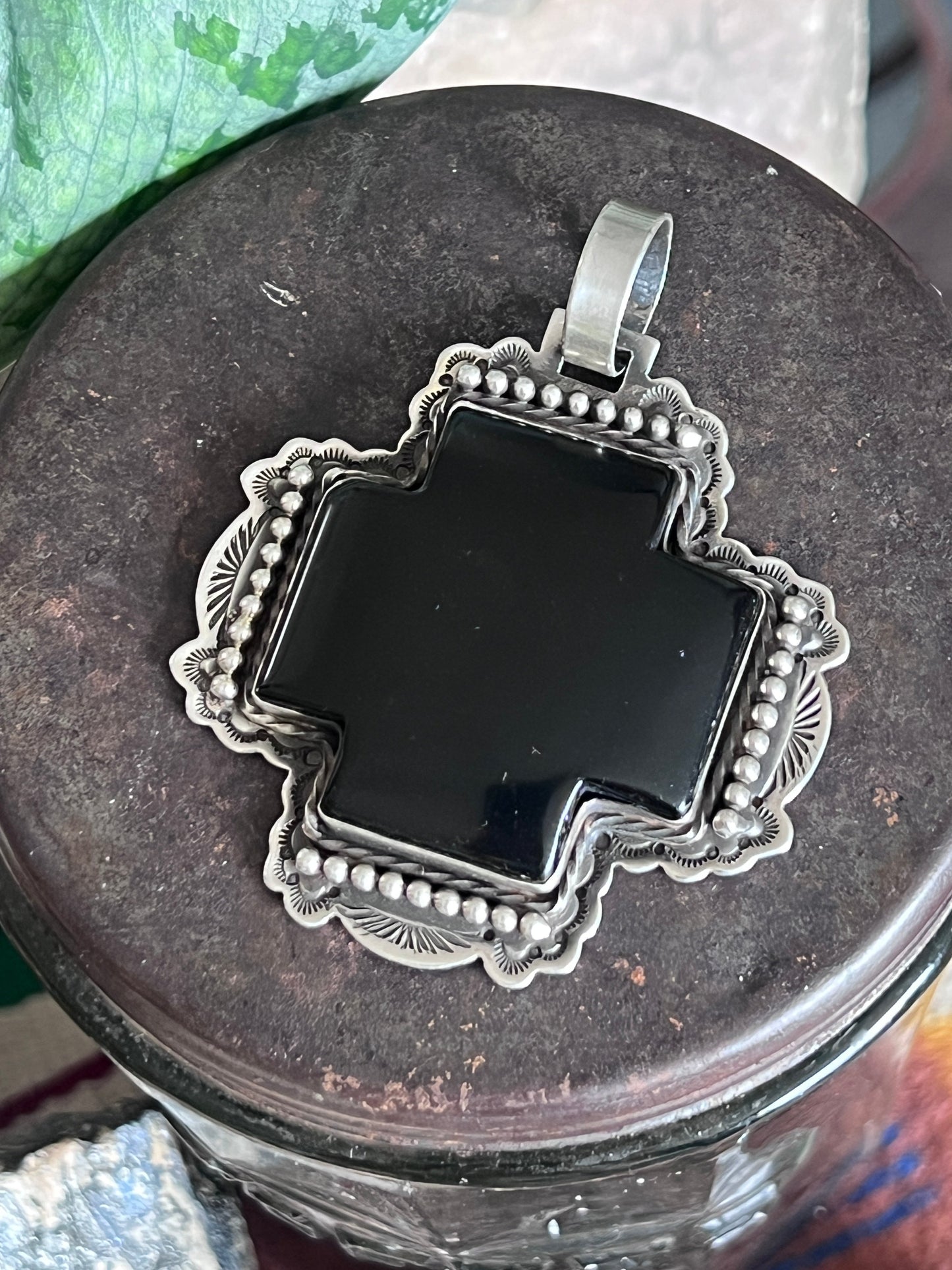Hand Stamped Sterling Silver & Black Marble Santa Fe Cross Pendant by Kimari Somers