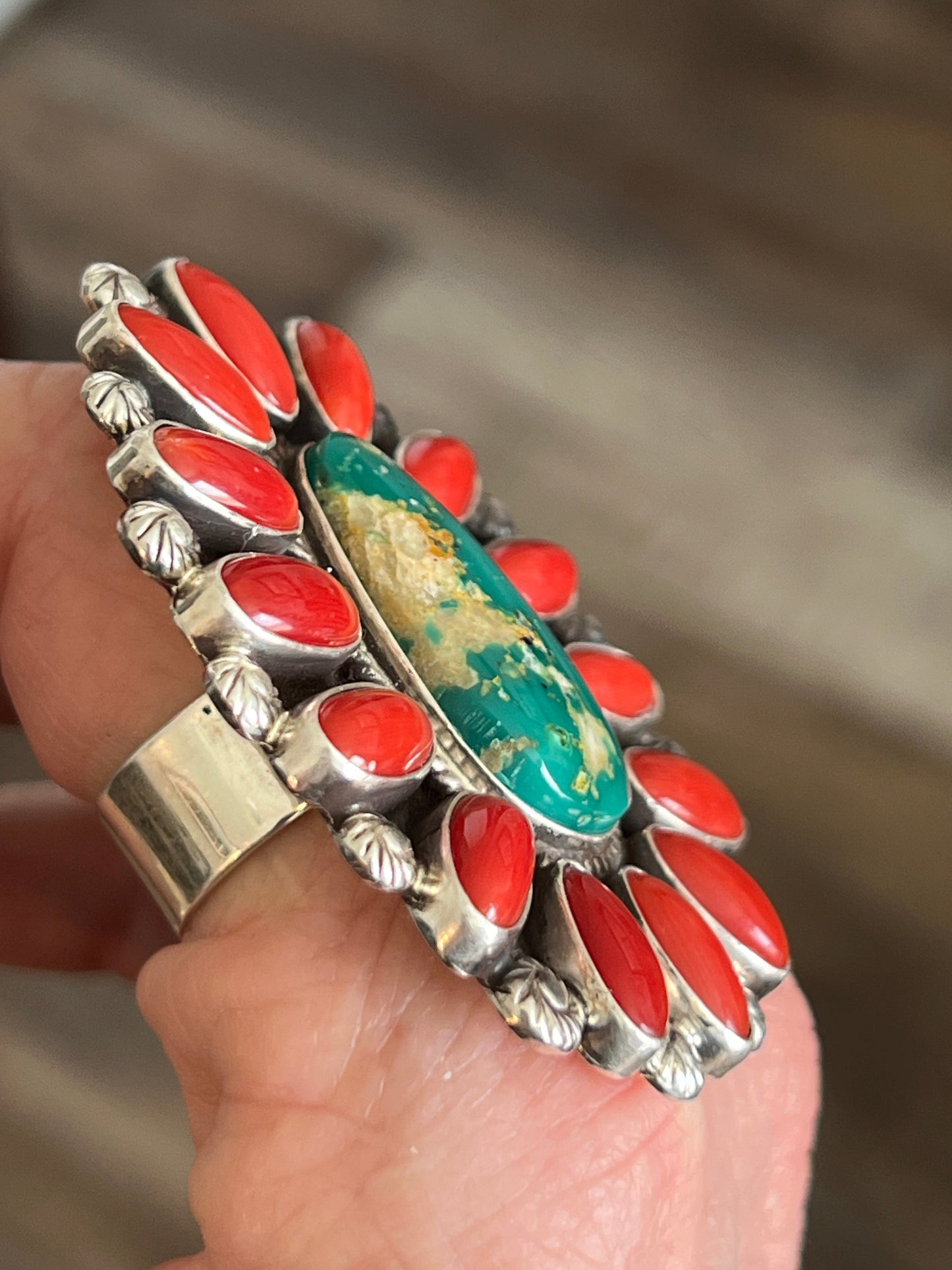 Navajo Sterling Silver, Royston Turquoise and Mediterranean Coral Cluster Ring by Tyler Brown, Adjustable
