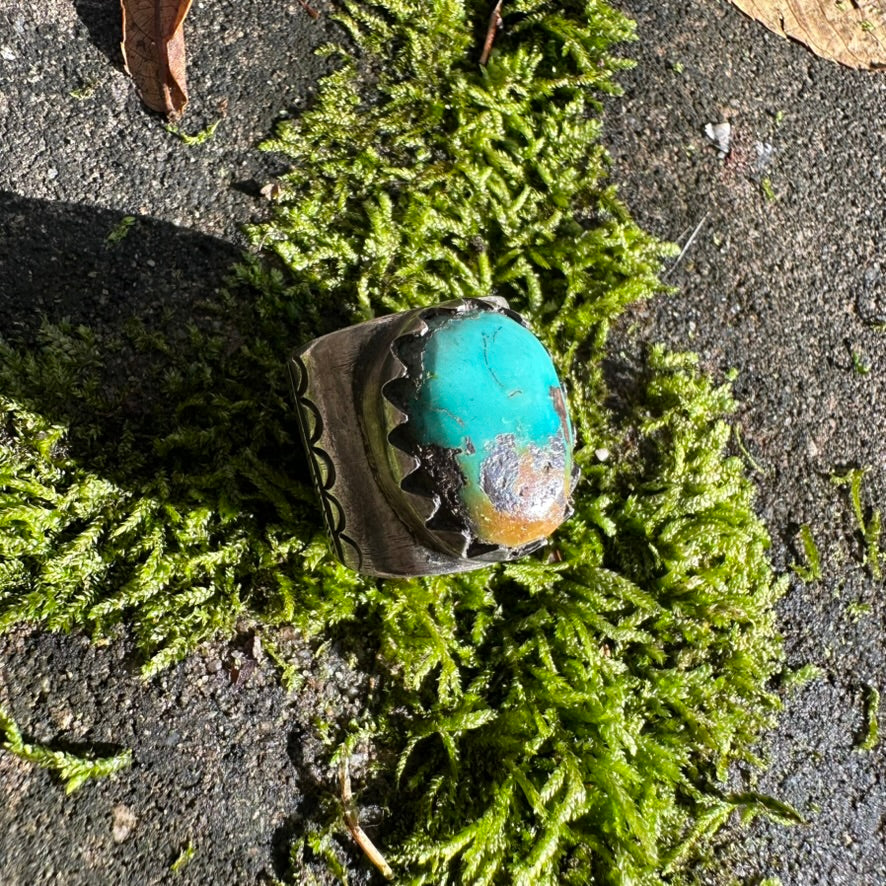 Artisan Made Ingot Silver and Turquoise Cigar Band Ring by Jock Favour