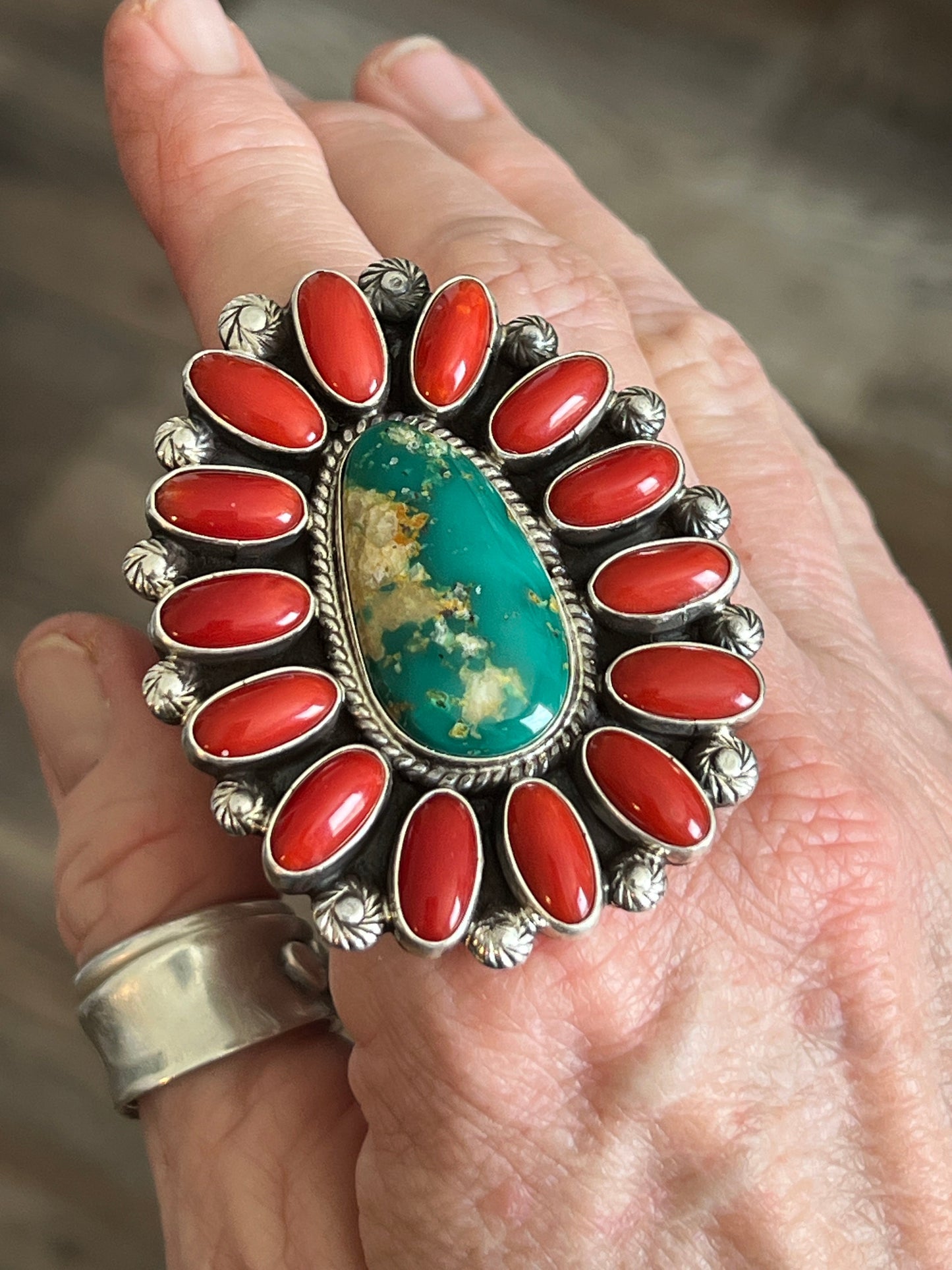 Navajo Sterling Silver, Royston Turquoise and Mediterranean Coral Cluster Ring by Tyler Brown, Adjustable