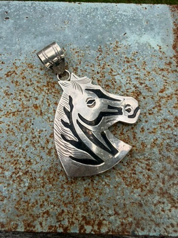 Navajo Made Sterling Silver Horse Head Pendant by Alonzo Mariano
