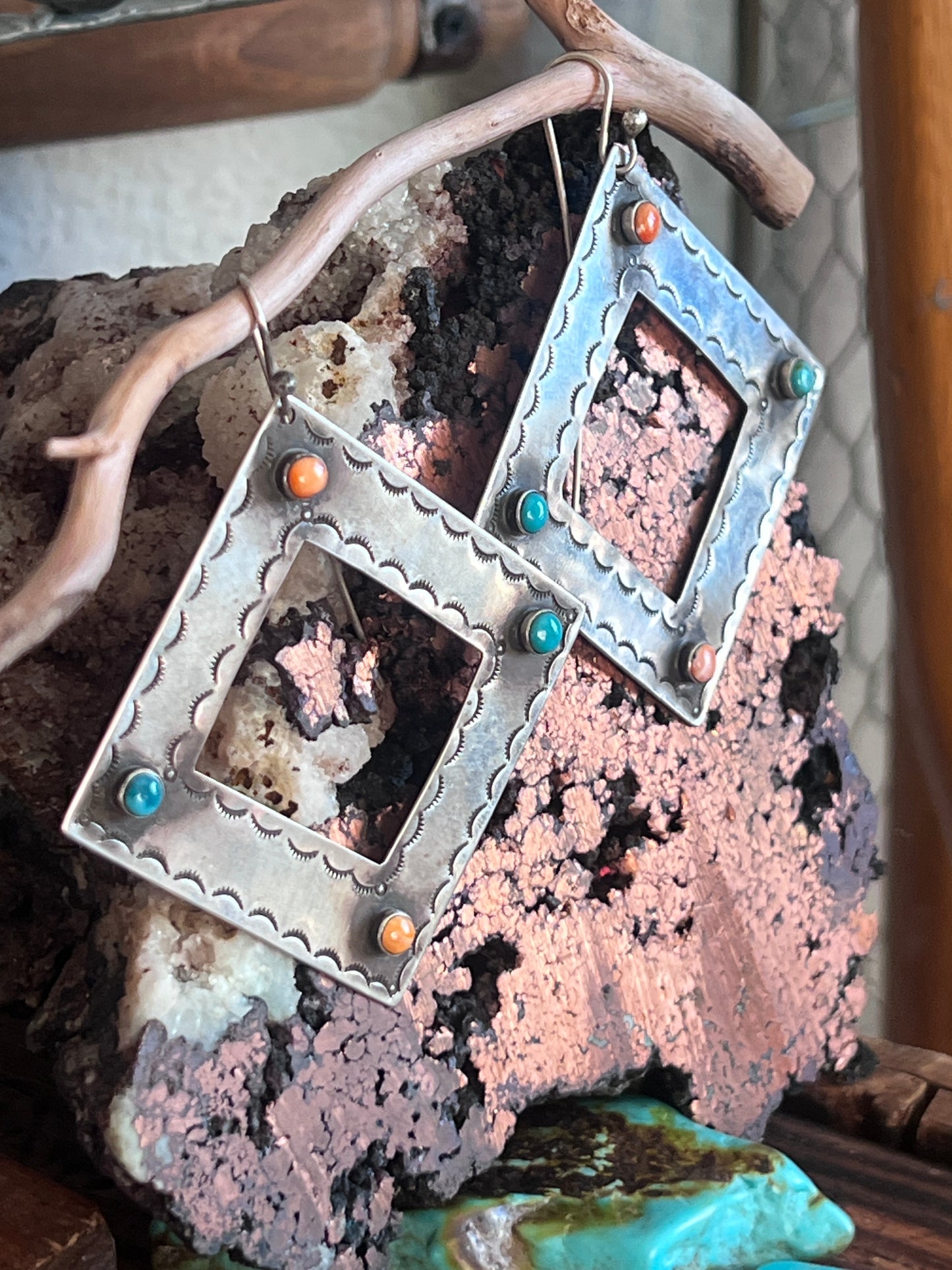 Kimari Somers Handcrafted Square Sterling Silver, Turquoise and Spiny Oyster Shell Earrings