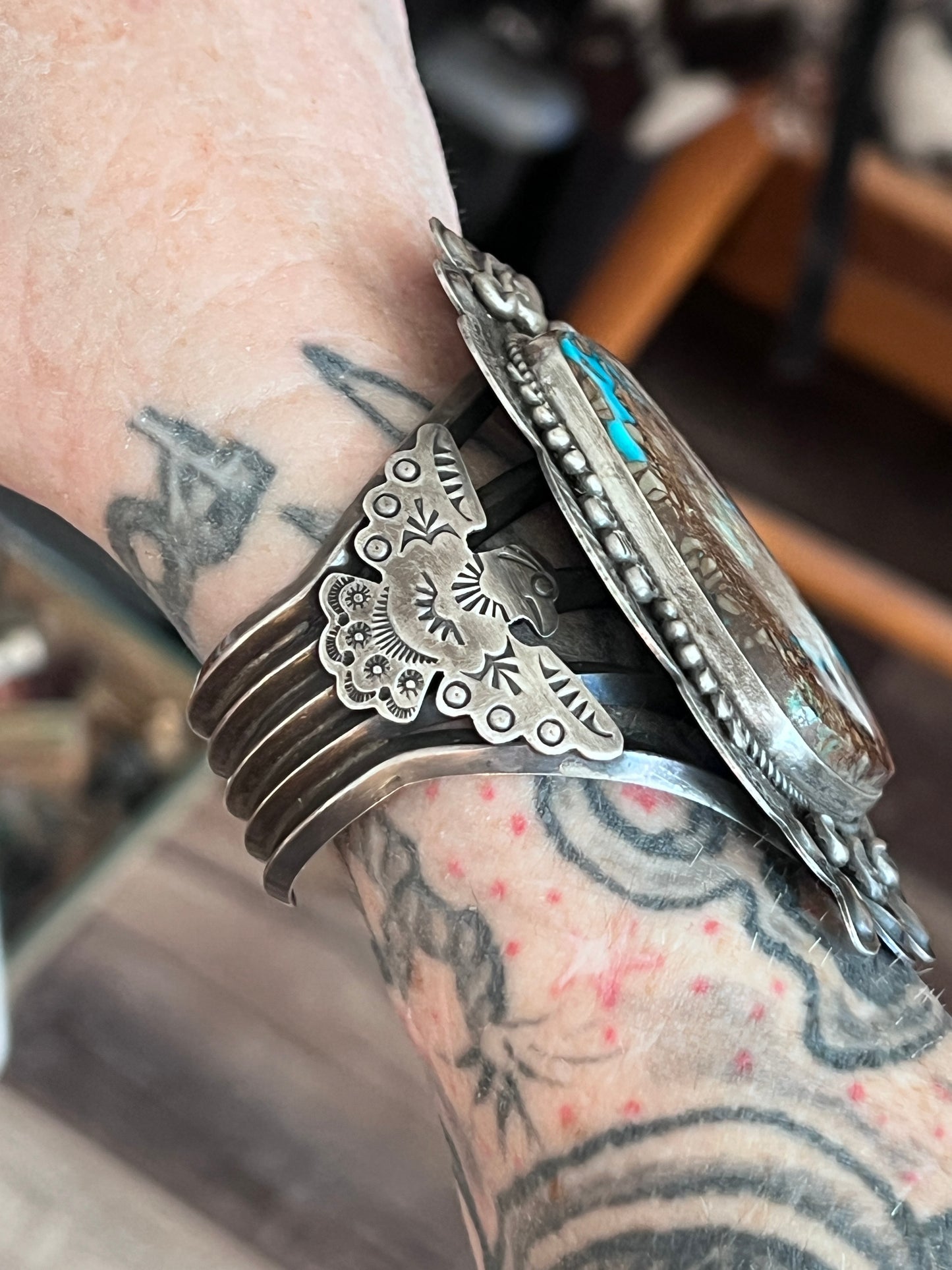 Chunky Dean Sandoval Sterling Silver and Pilot Mountain Turquoise Thunderbird Cuff Bracelet