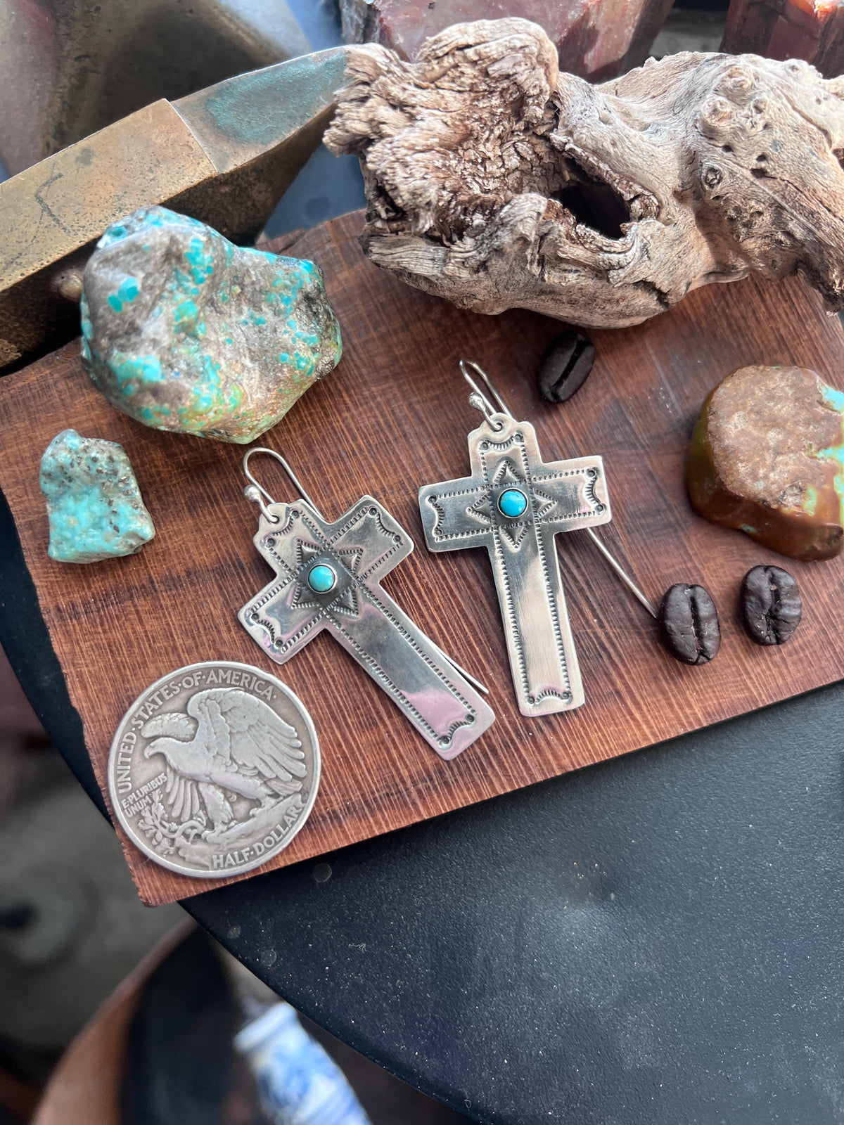Hand Stamped Sterling Silver Cross Dangle Earrings with Turquoise by Kimari Somers