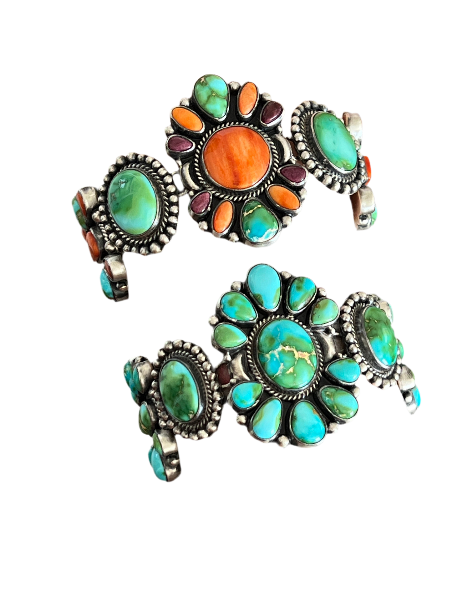 Stunning Navajo Sterling Silver, Sonoran Mountain Turquoise and Spiny Oyster Shell Cluster Link Bracelets by Diane Wylie