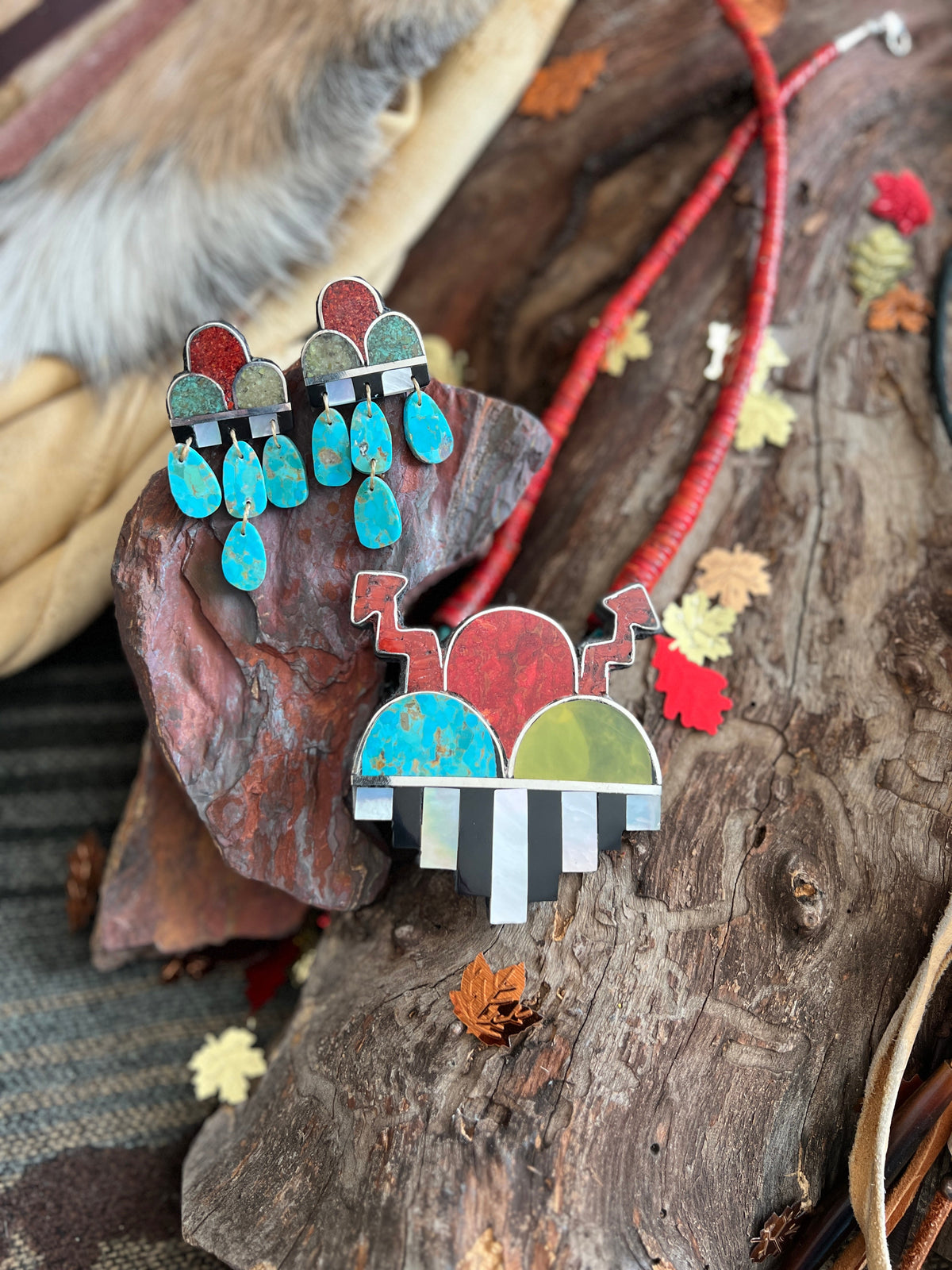 Warren Nieto Multi Stone Inlay Monsoon Necklace & Earrings Set