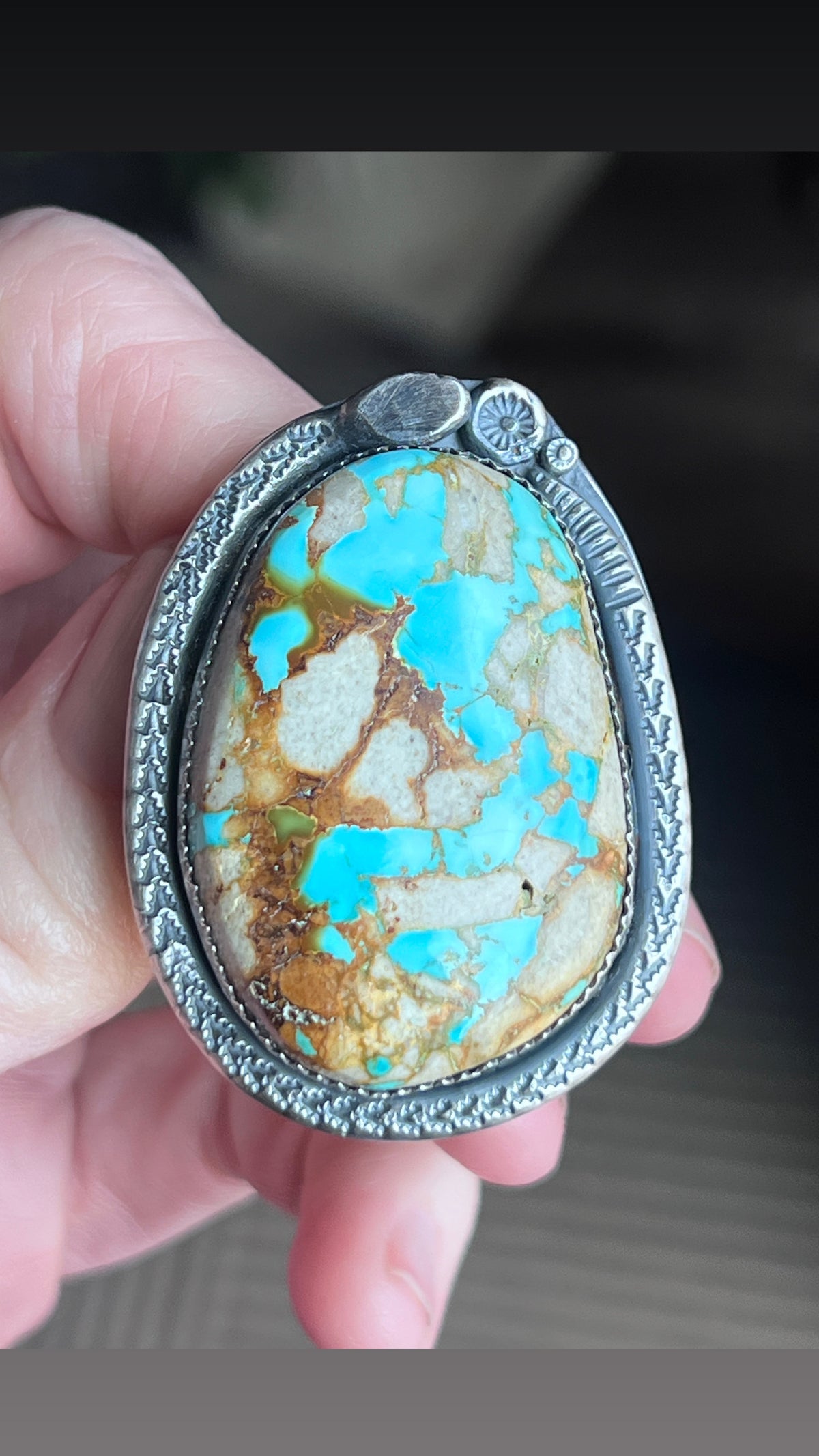 Natural Royston Turquoise and Sterling Silver Snake Motif Ring by Isaac Baca, Size 8 to 8.5