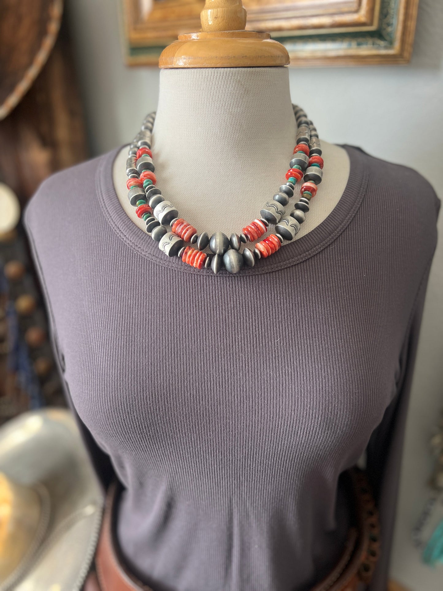 Chunky Sterling Silver, Red Spiny Oyster & Turquoise Single Strand Beaded Necklace by Rose Martin, 20” + 1”
