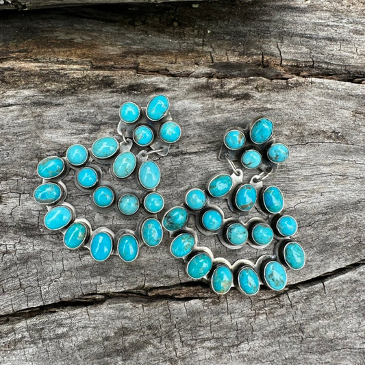 Native Made Blue Turquoise and Sterling Silver Fan Cluster Earrings by Jennifer Denefclaw