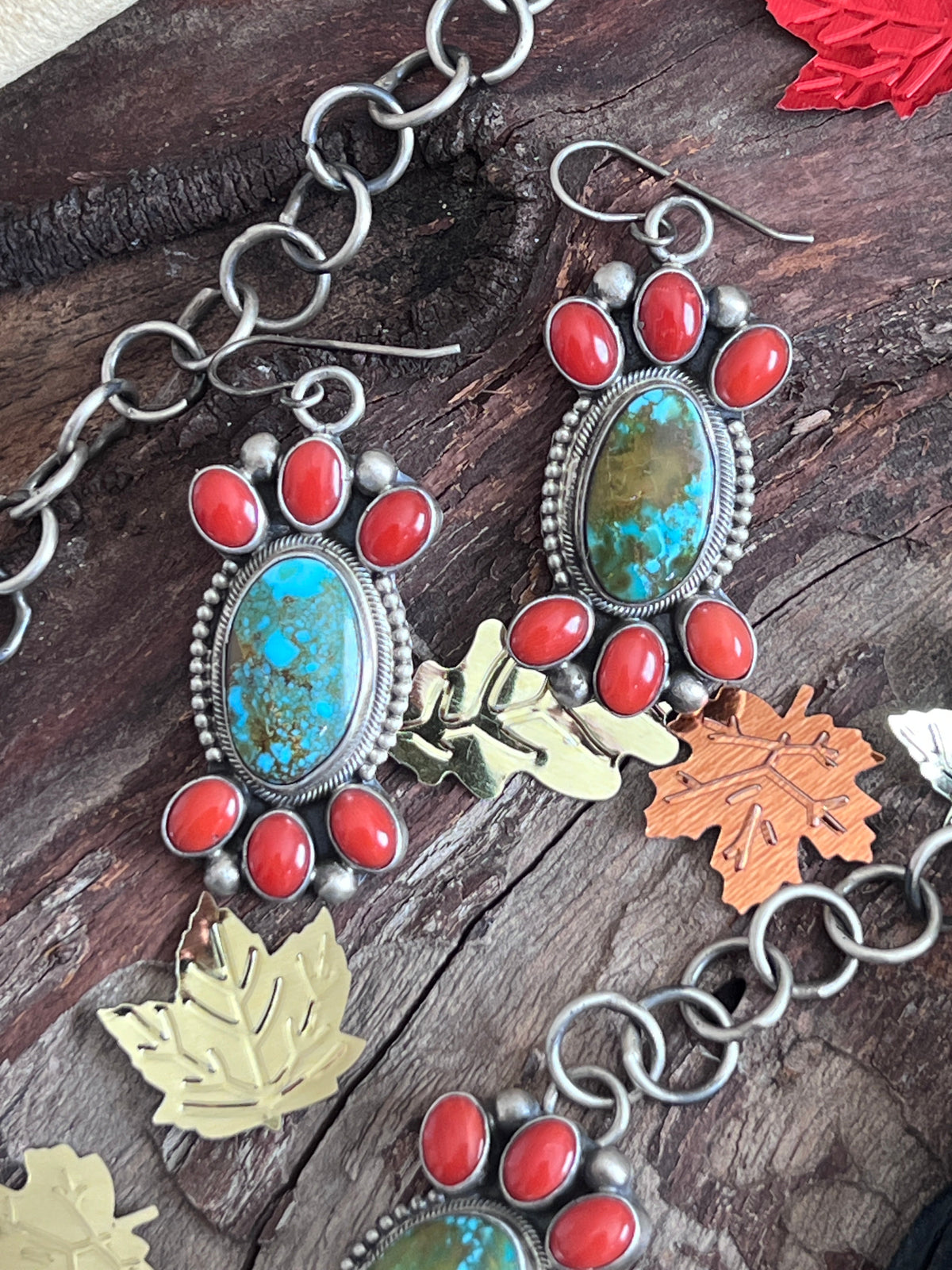 Taos Collection: Handcrafted Sterling Silver, Kingman Turquoise and Mediterranean Coral Necklace & Earrings Set by Kathleen Chavez