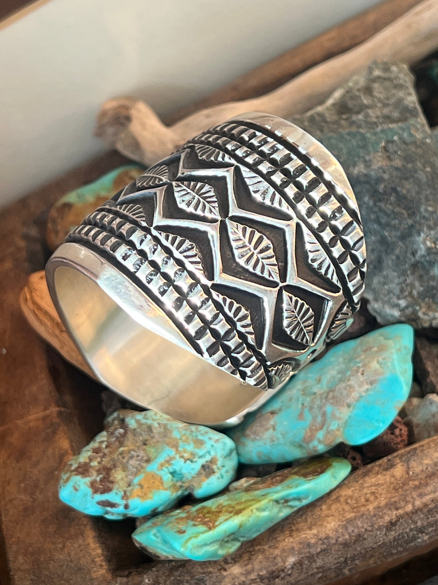 Old Pawn Navajo Sterling Silver Deep Stamped Cuff Bracelet by Elvira Bill