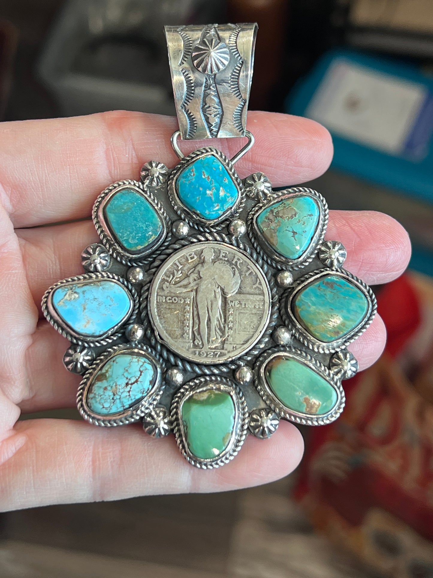 Turquoise Cluster Pendant with 1927 Liberty Quarter by Rosella Paxson