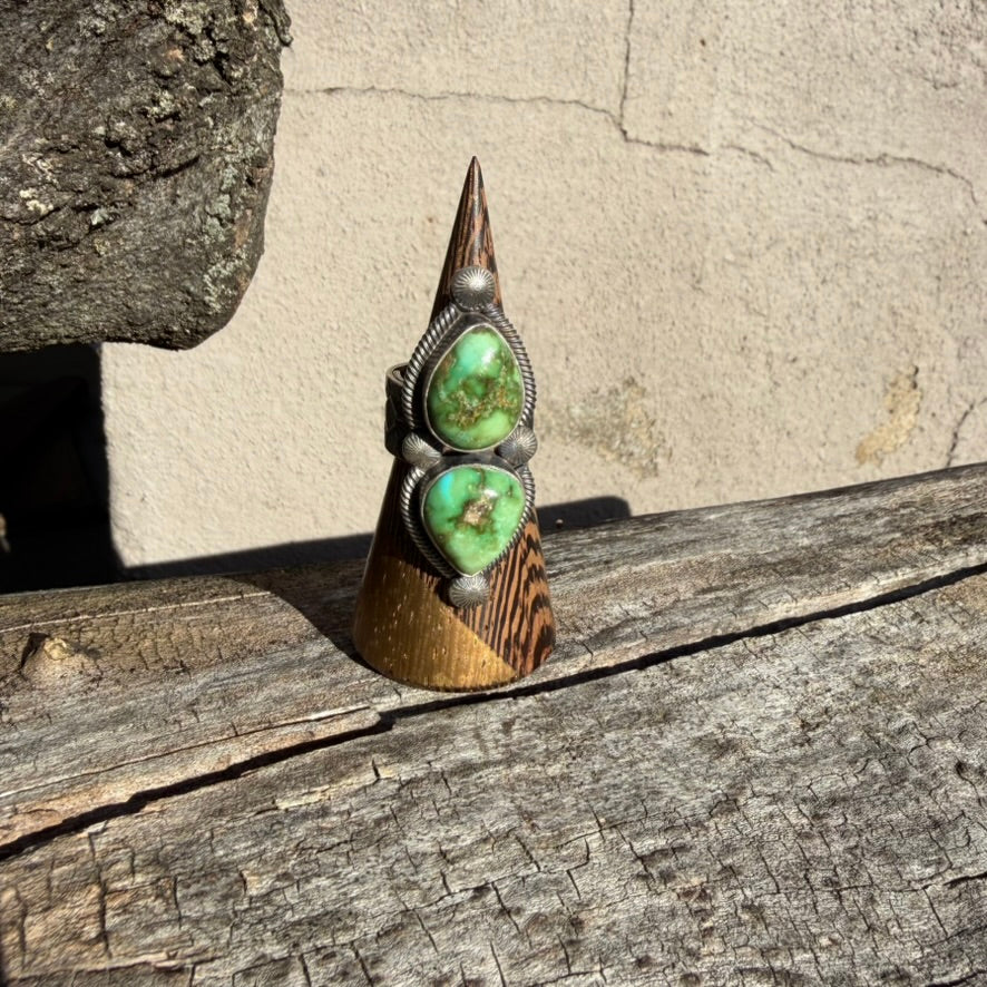 Navajo Sterling Silver Adjustable Double Sonoran Gold Turquoise Ring by Leon Martinez