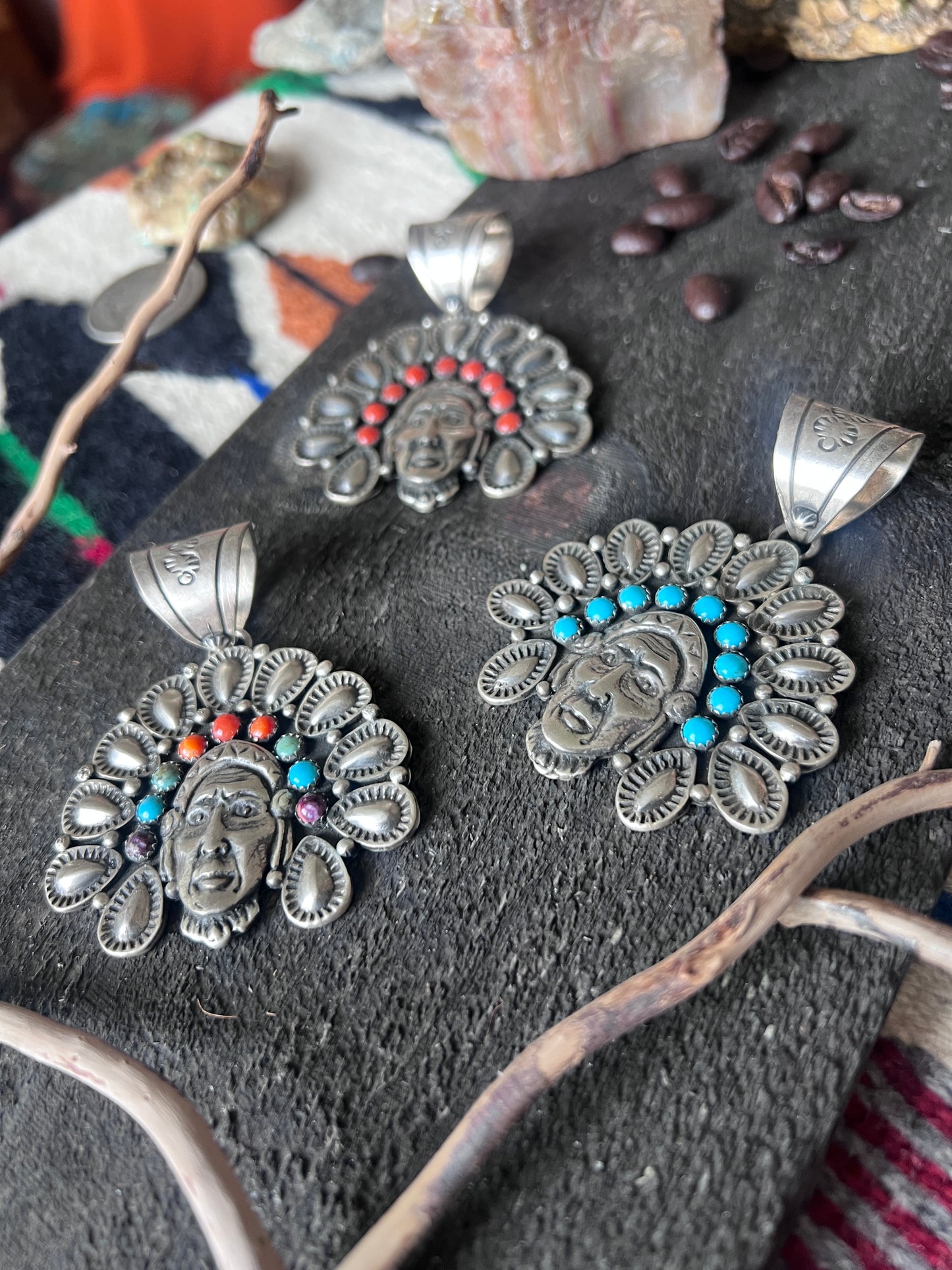 Sterling Silver Chief Pendant by Patrick Yazzie: Coral, Turquoise or Rainbow