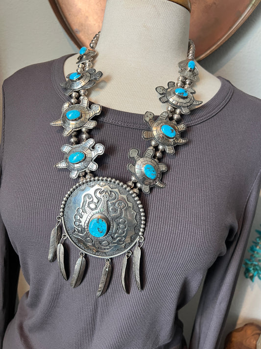 Vintage Sterling silver and Turquoise Turtle Themed Squash Blossom Style Necklace