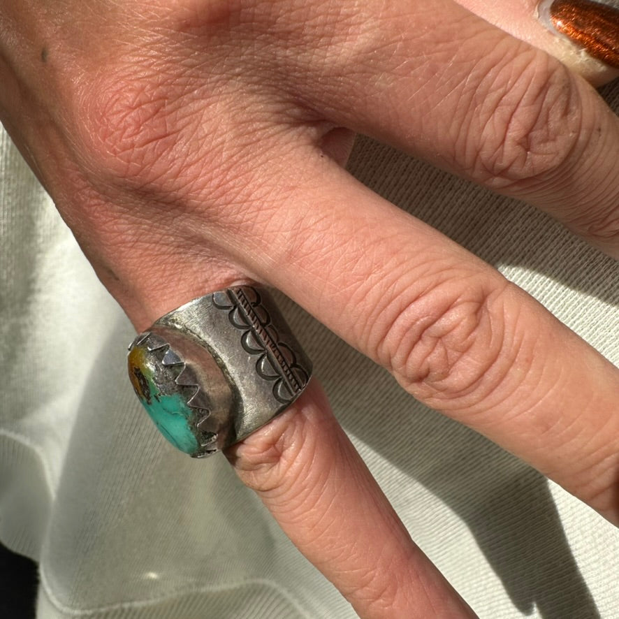 Artisan Made Ingot Silver and Turquoise Cigar Band Ring by Jock Favour