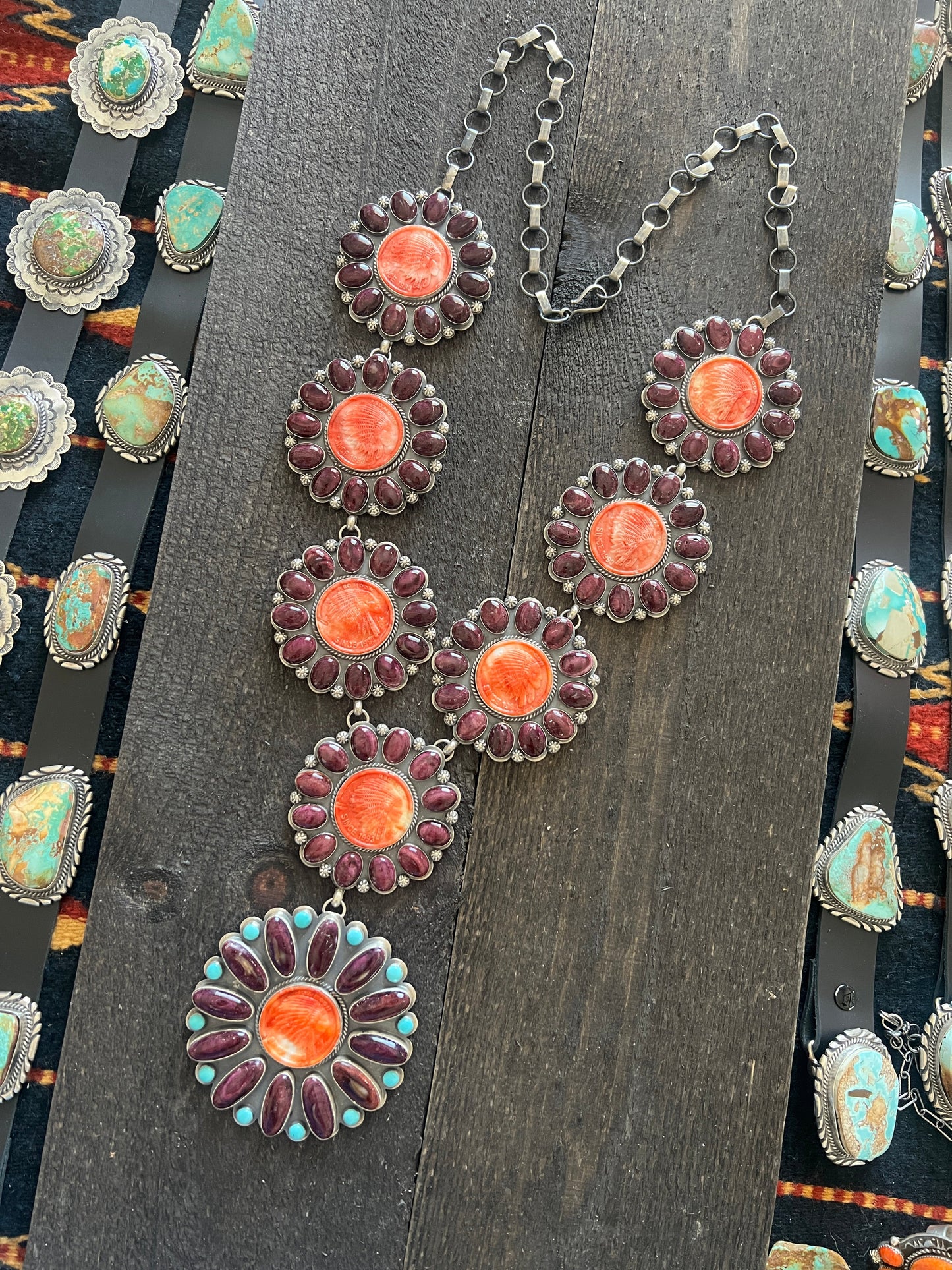 Stunning Navajo Sterling Silver, Carved Spiny Oyster and Turquoise Necklace by Gilbert Platero